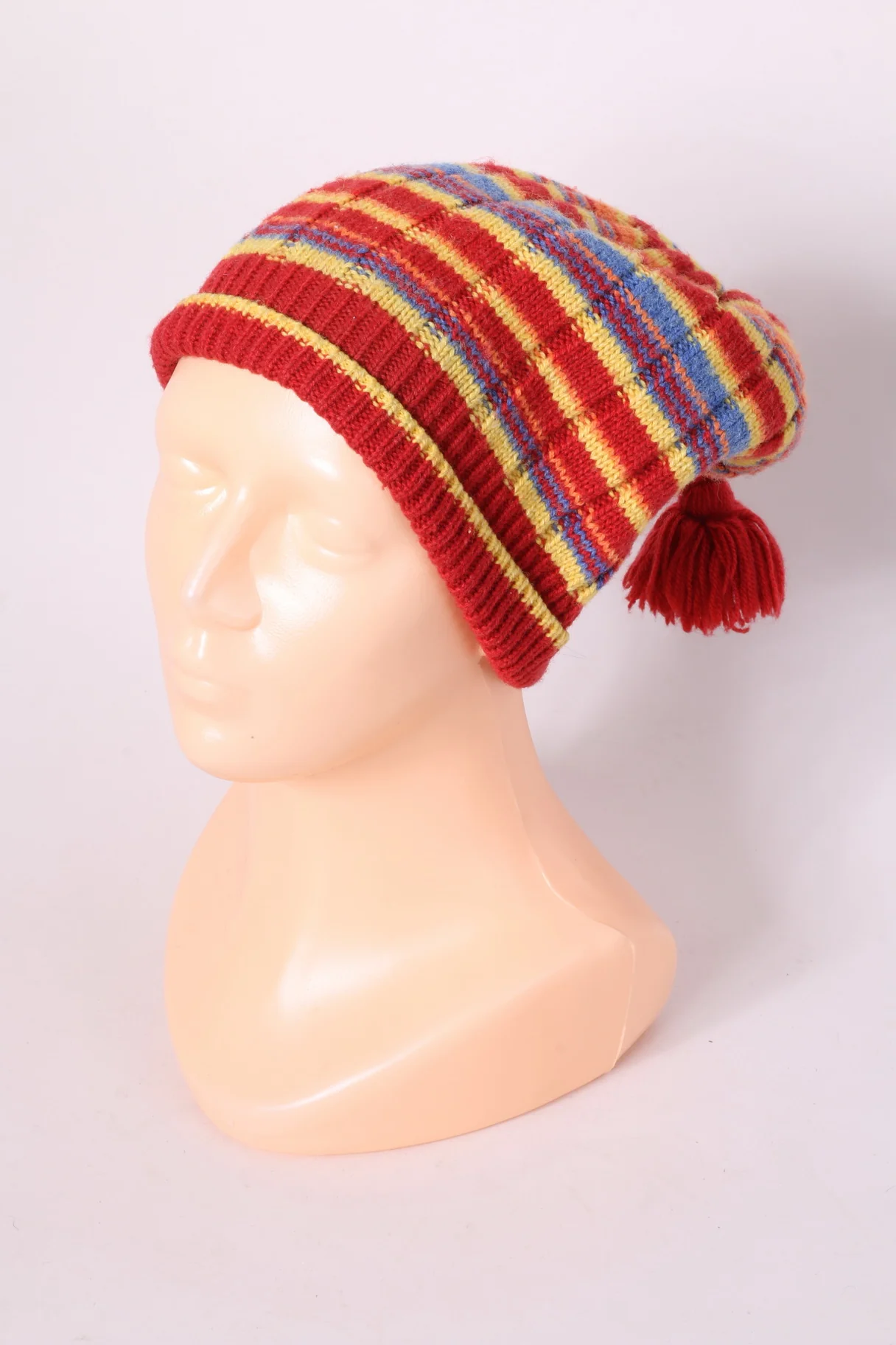Lwikki Women's Hat One Size Red Merino Wool Blend Striped Knit Cap