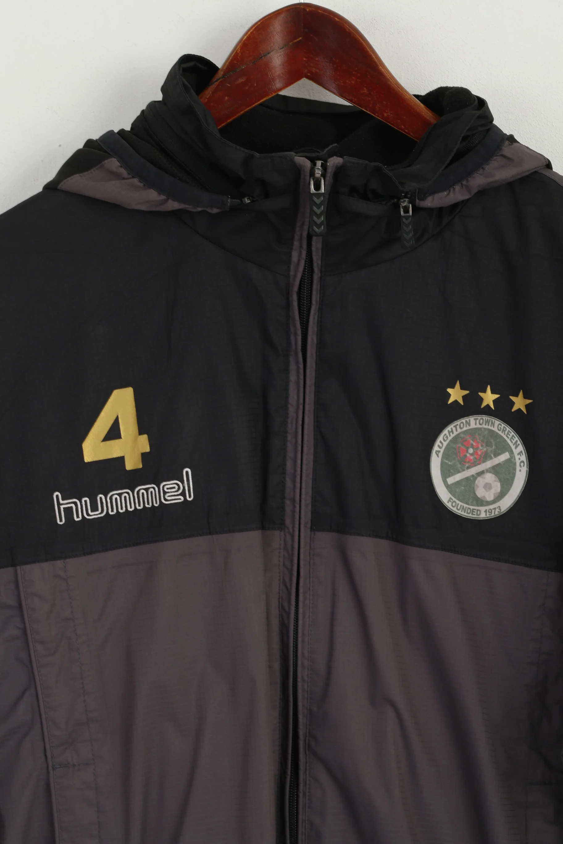 Hummel Men XL Jacket Grey Aughton Town Green FC #4 Hooded Zip Up Football Top - Image 2