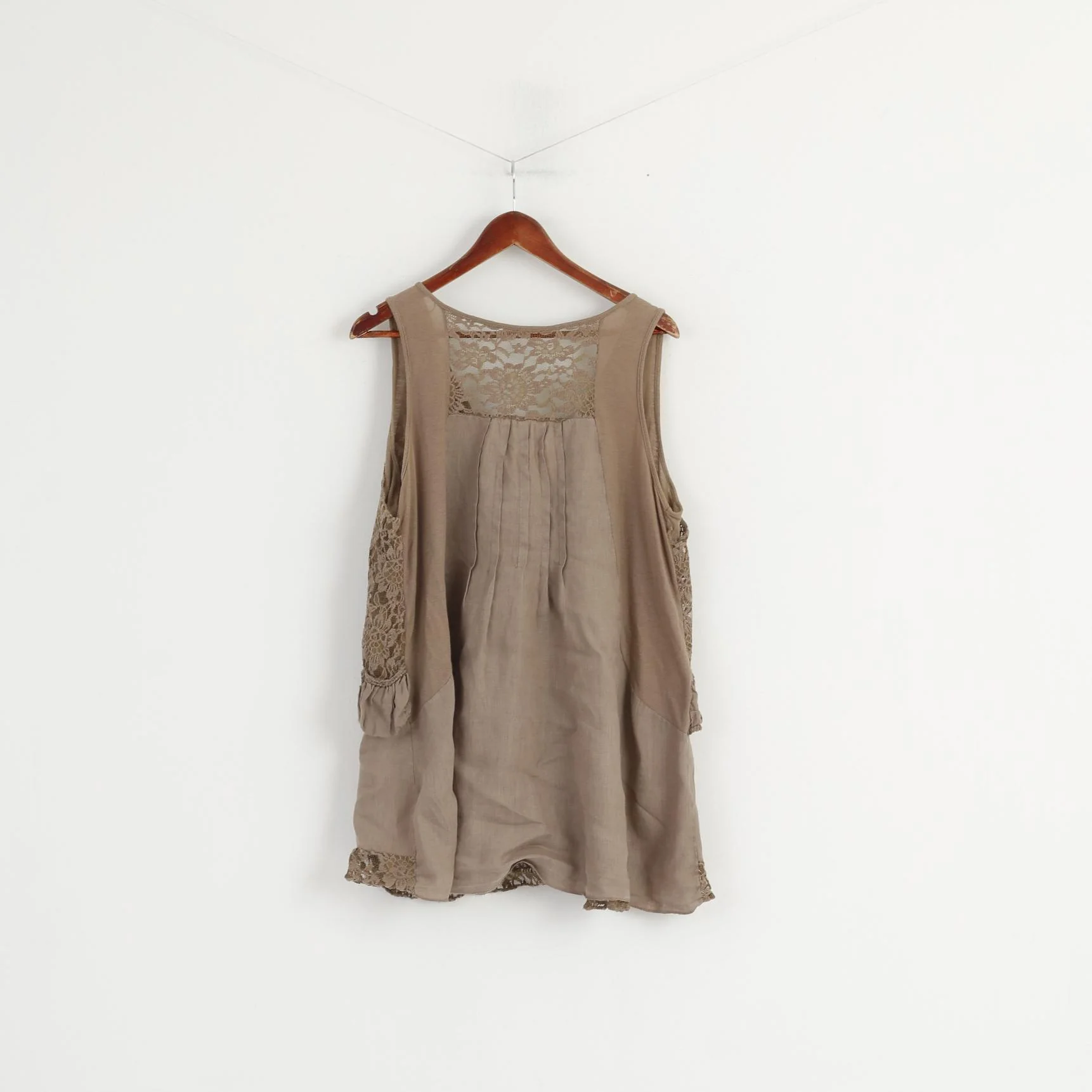 Made in Italy Women XXXL (XXL) Shirt Brown 100% Linen Lace Sleeveless Tunic Top - Image 5