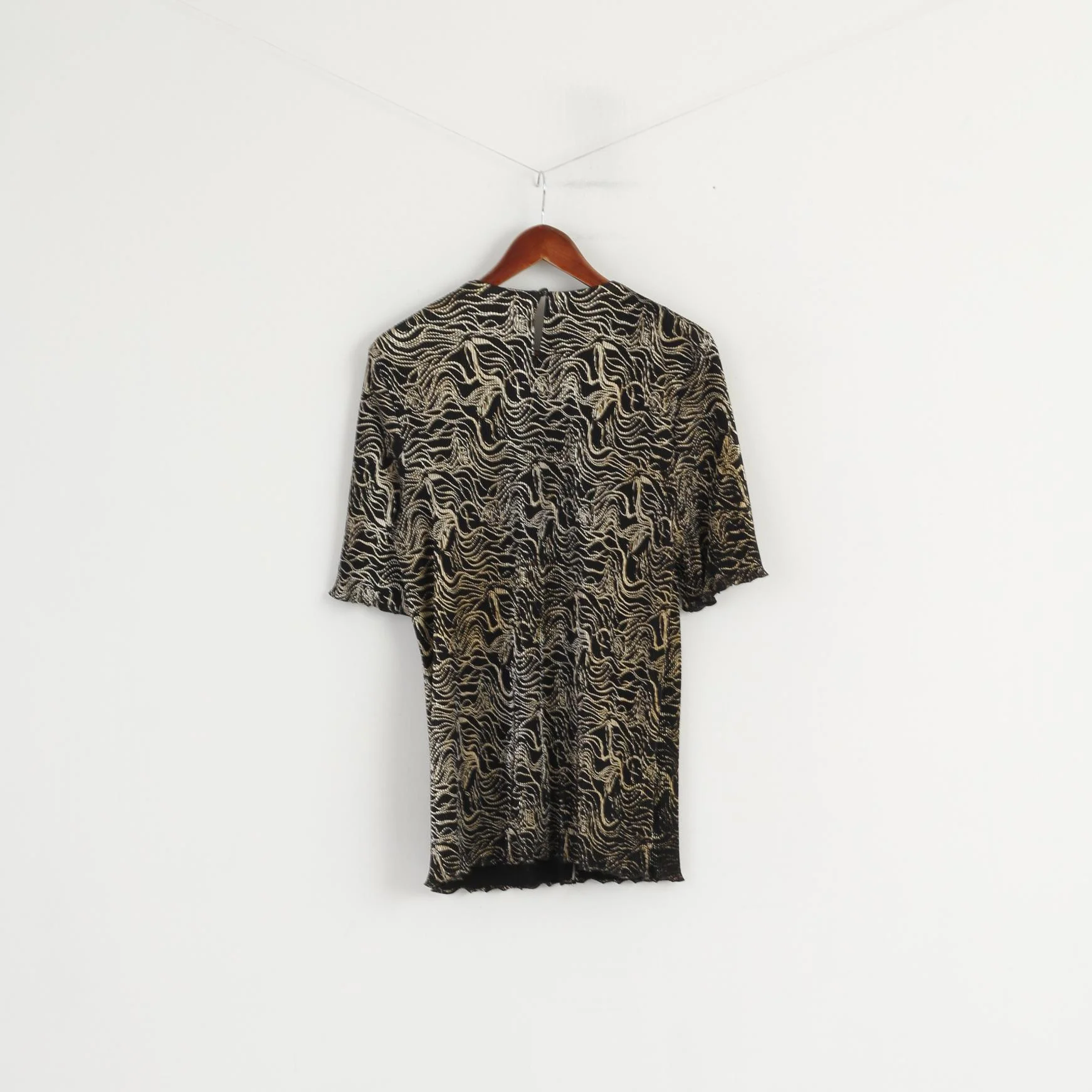 CANADA C&A Women 14 42 Shirt Black Gold Printed Elegant Short Sleeve Top - Image 6