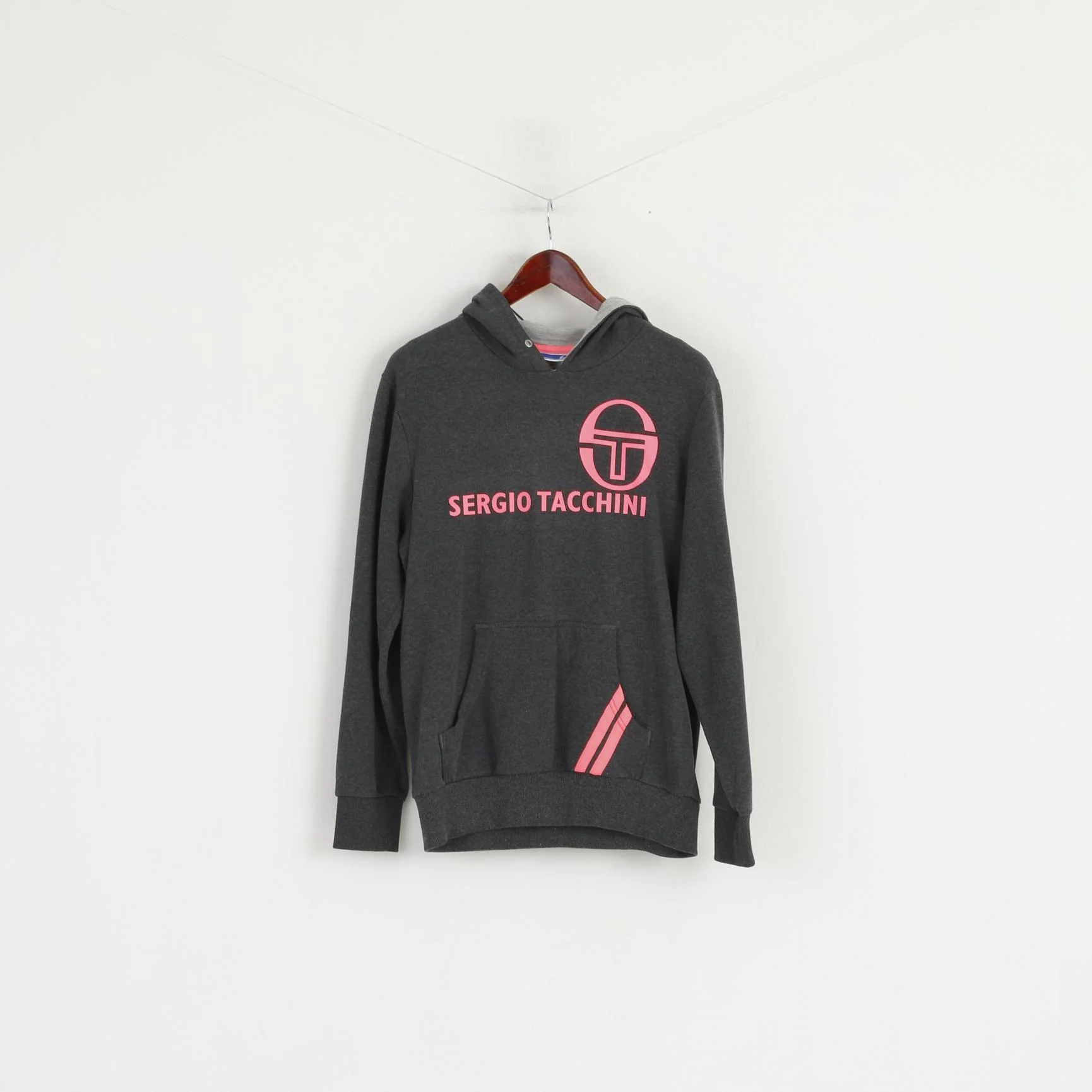 Sergio Tacchini Women M Sweatshirt Gray Cotton Hooded Pink Logo Sport Top