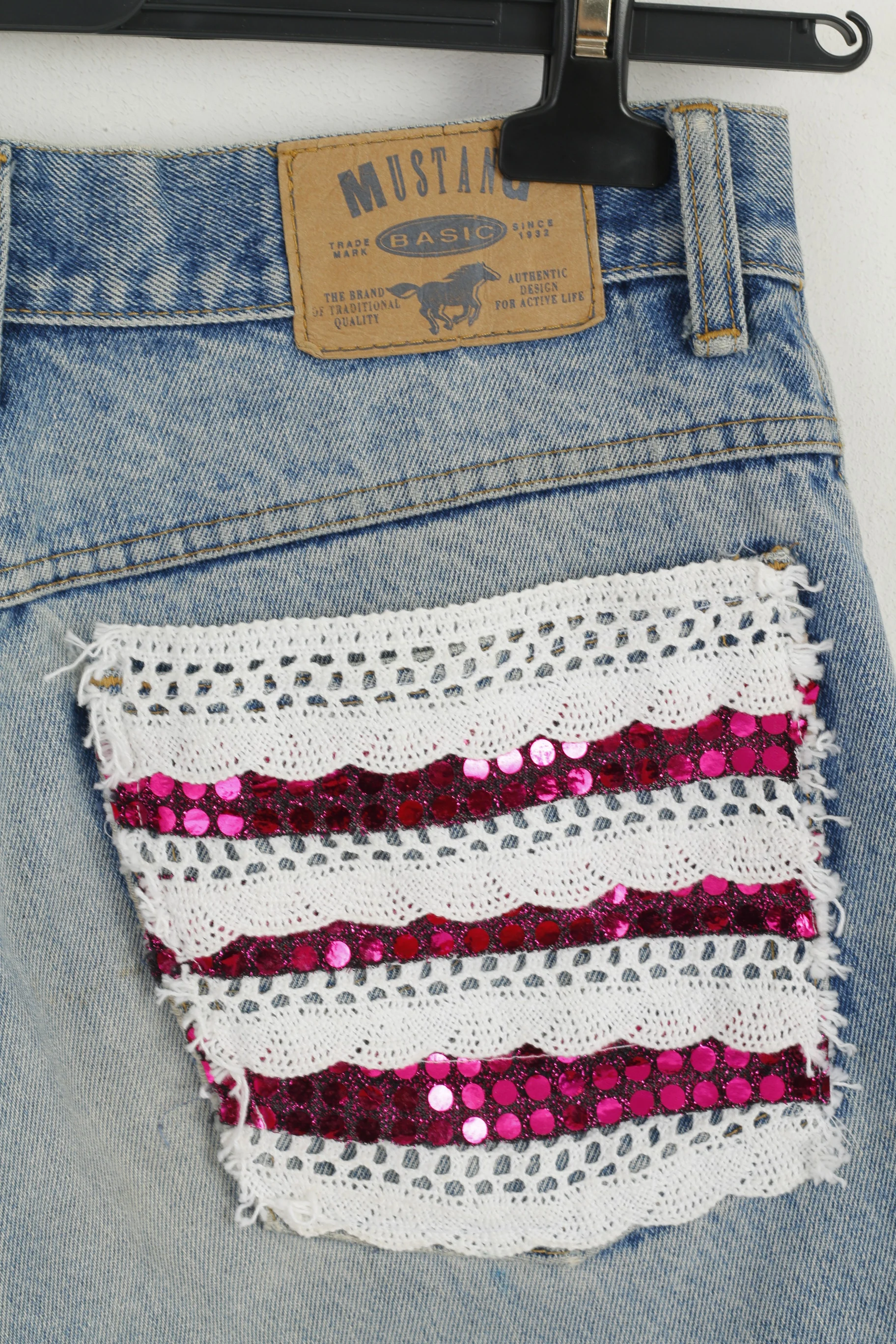 Mustang Jeans Women 32 Shorts Blue Handmade Denim Beads Cotton Summer - Image 4