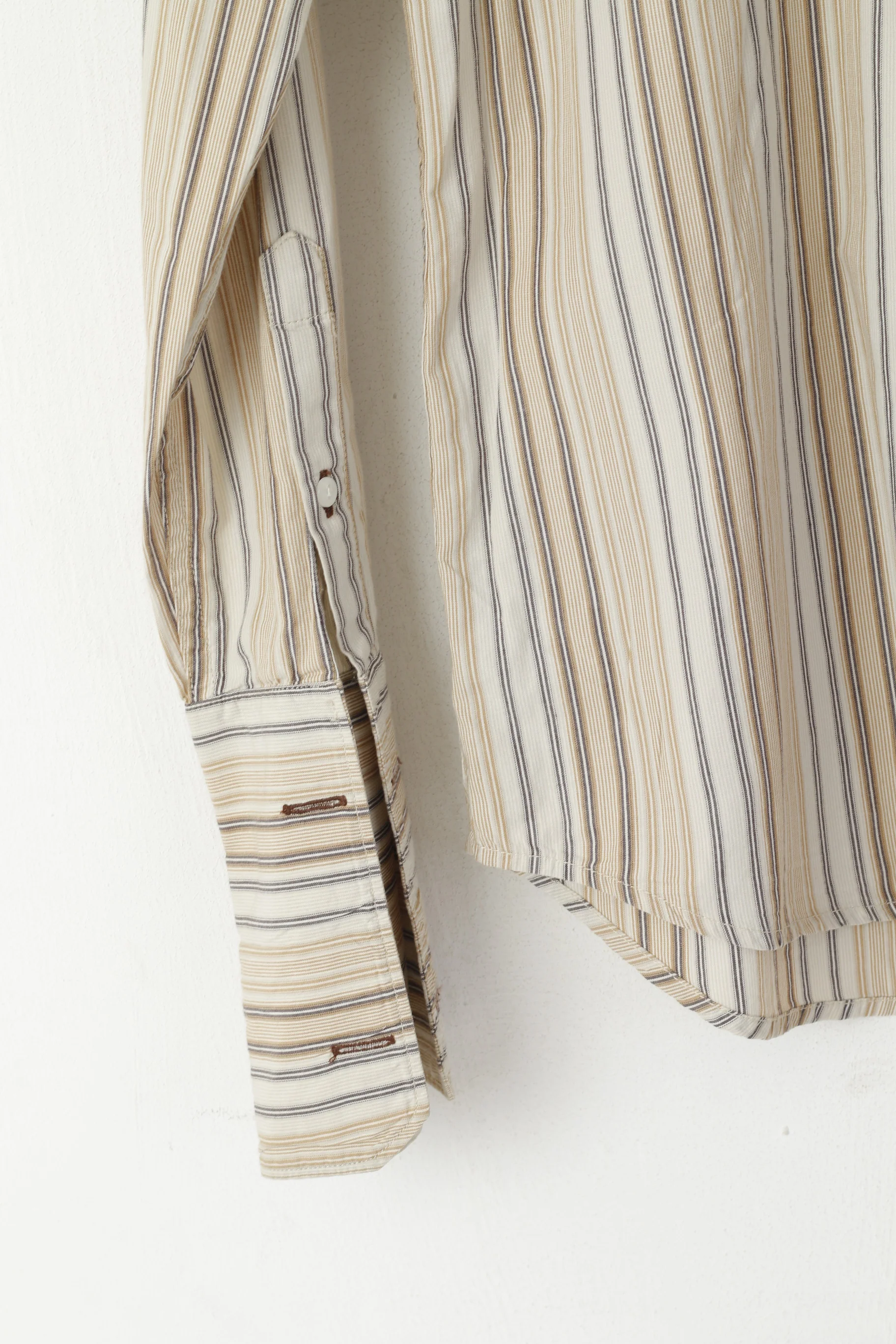 Guess Men S Casual Shirt Beige Striped Cotton Long Sleeve Cufflinks Top - Image 3