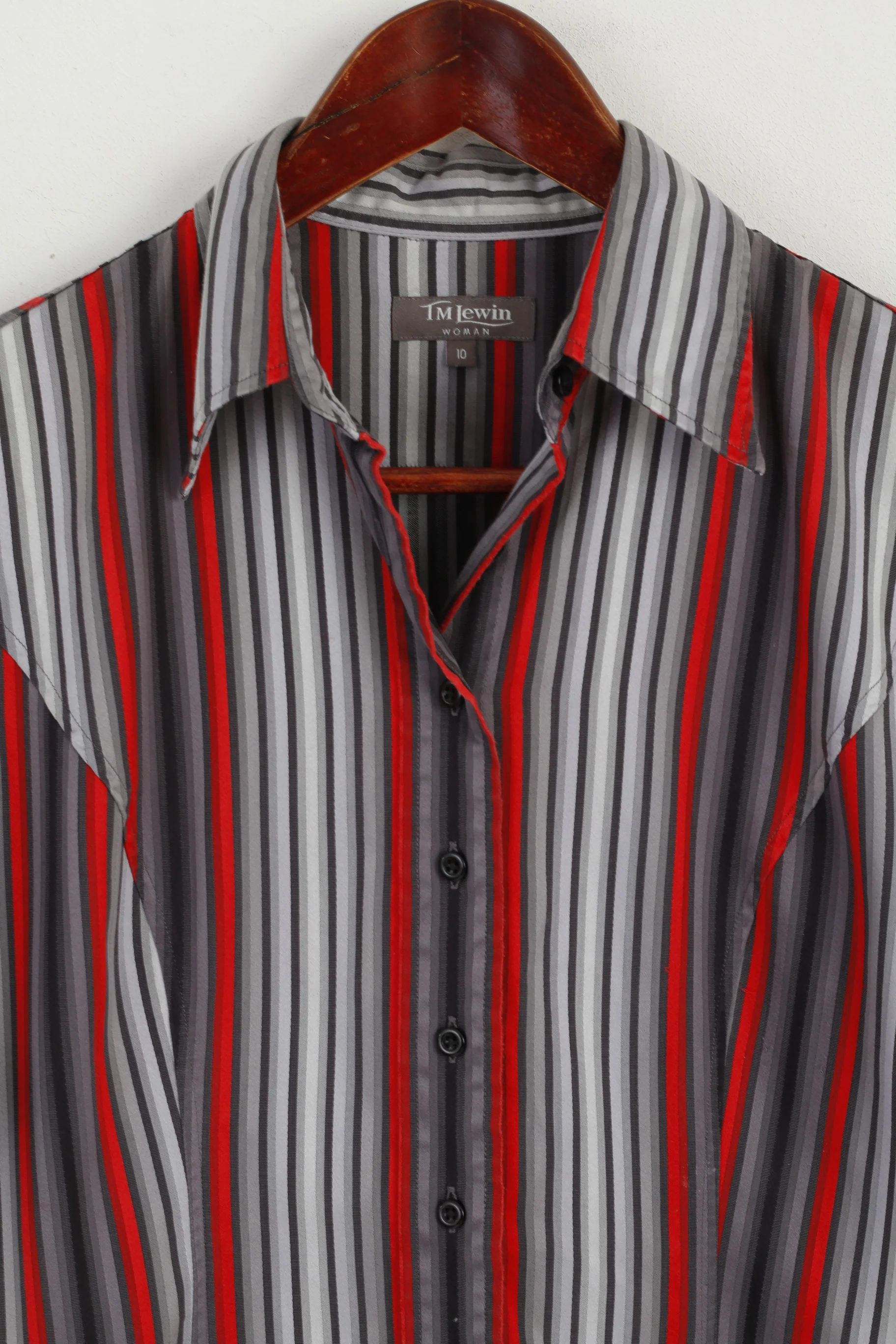 TM Lewin Women 10 S Casual Shirt Grey Red Striped Cotton Long Sleeve Fitted Top - Image 2