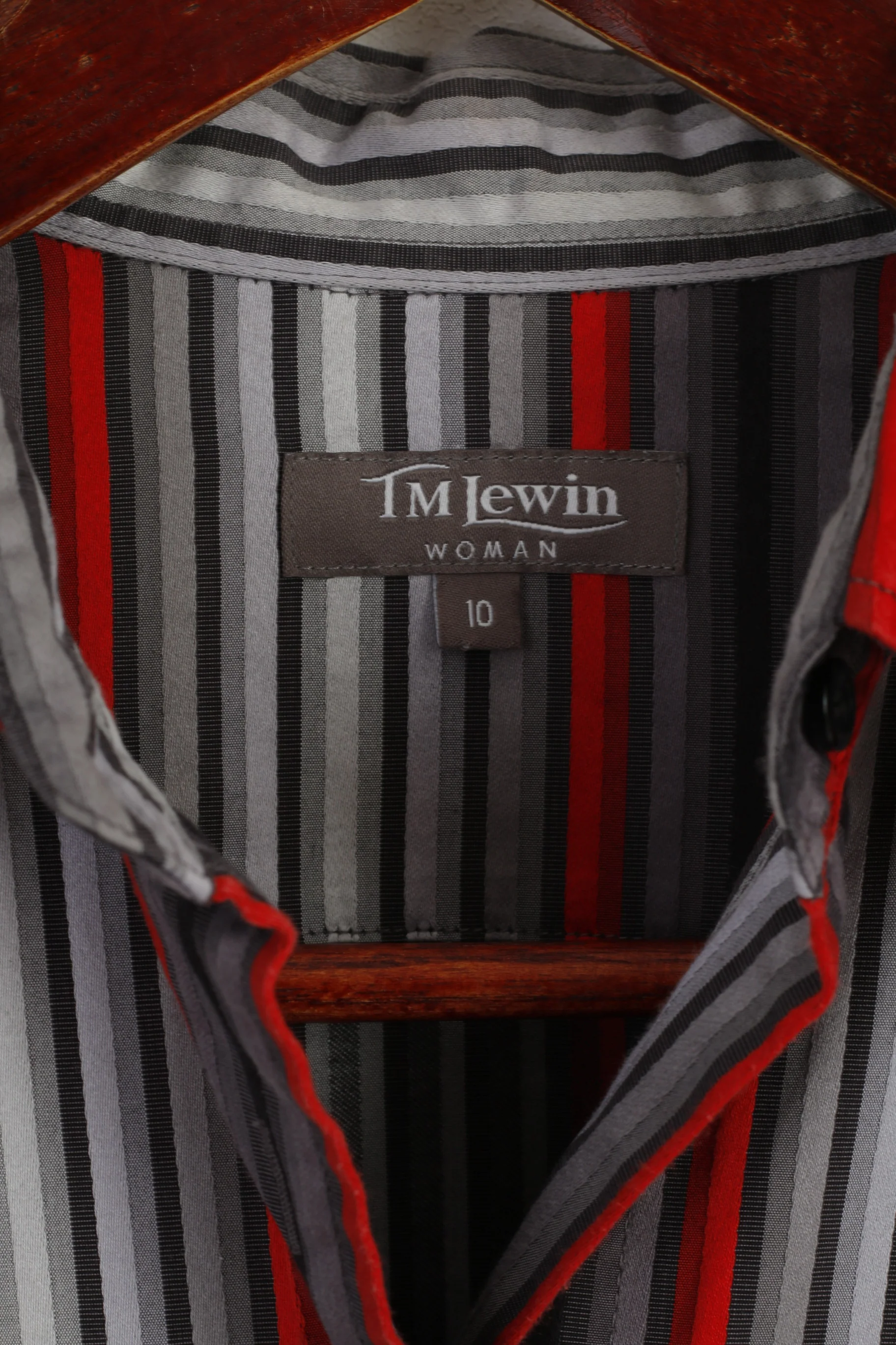 TM Lewin Women 10 S Casual Shirt Grey Red Striped Cotton Long Sleeve Fitted Top - Image 4