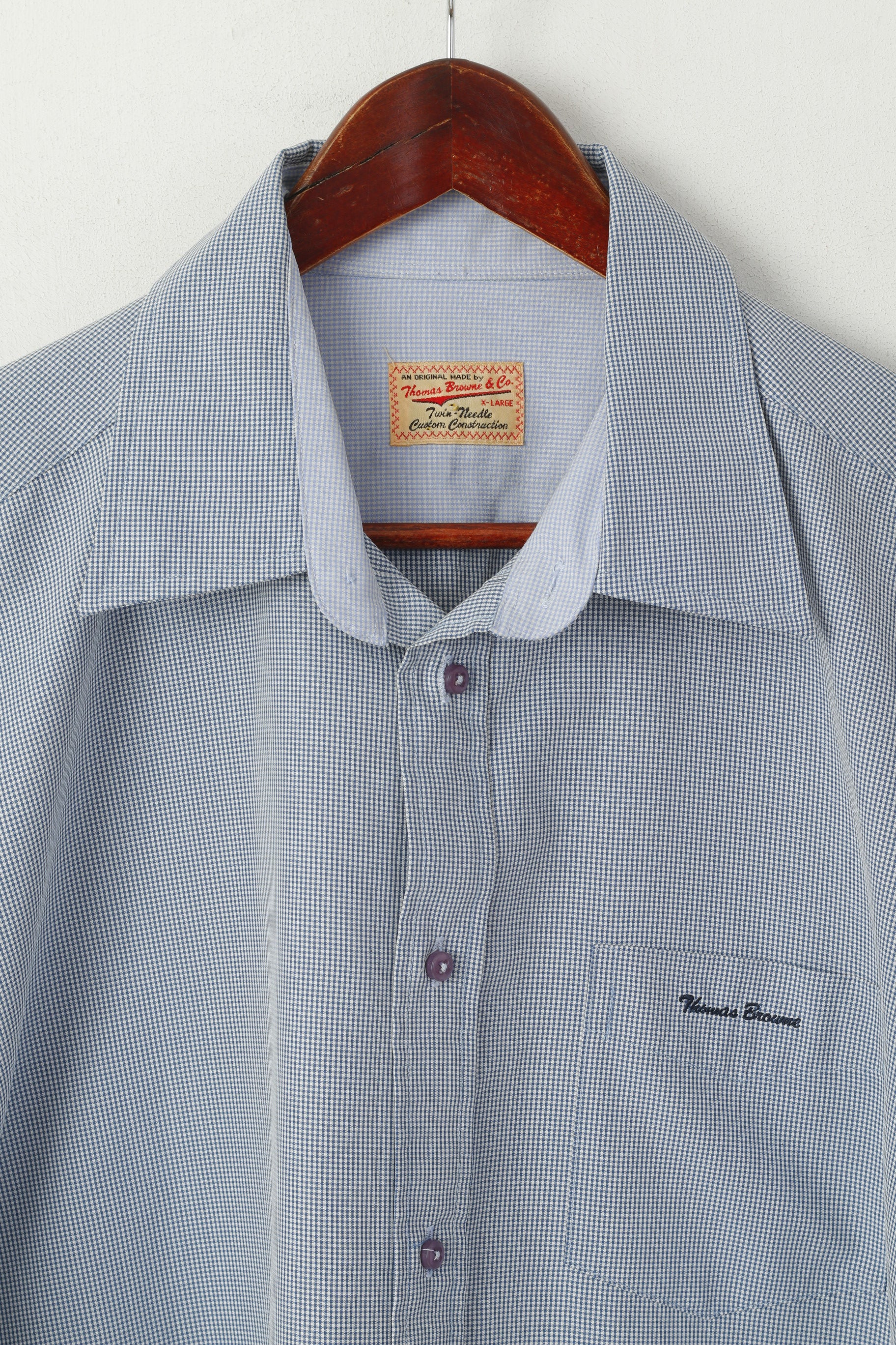 Thomas Browne Men XL Casual Shirt Blue Cotton Check Custom Modal Long Sleeve Top - Image 2