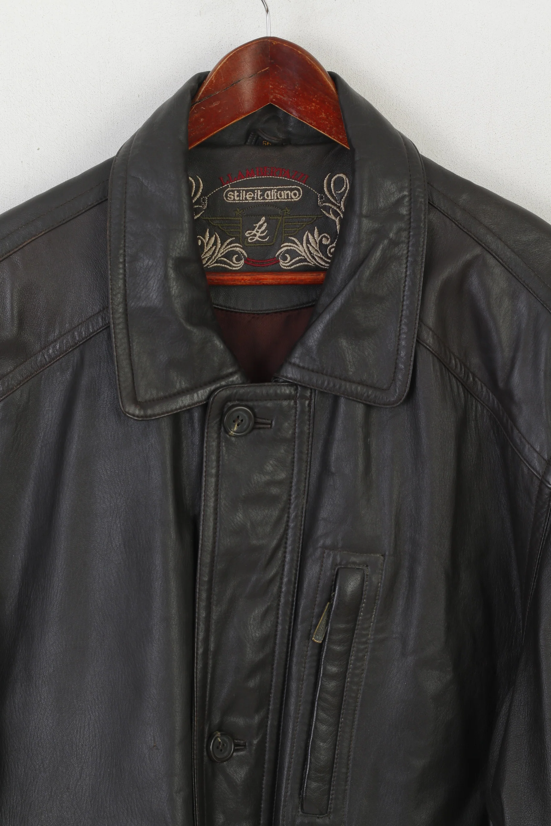 L. Lambertazzi Men 56 XXL Jacket Dark Brown Leather Zip Up Style Italy Vintage Top - Image 2