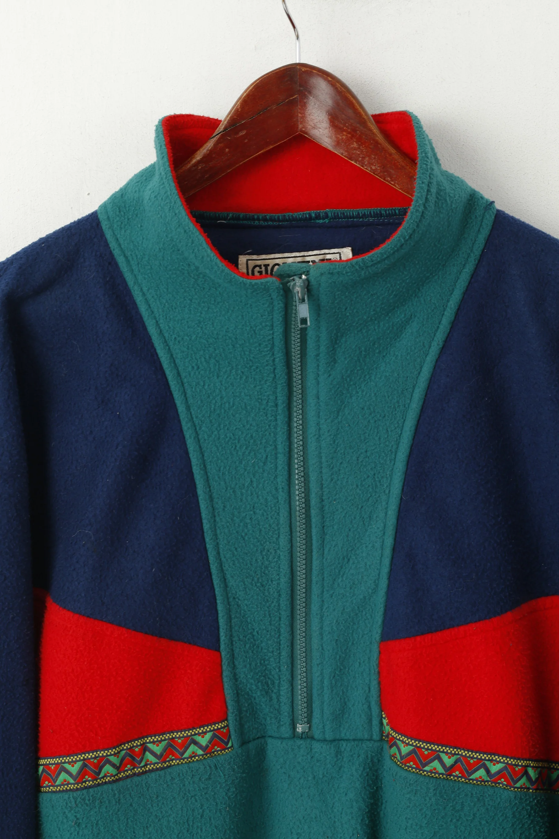 Giovani Men L Fleece Top Navy Vintage Pullover Zip Neck Pockets Oldschool Sweatshirt - Image 2