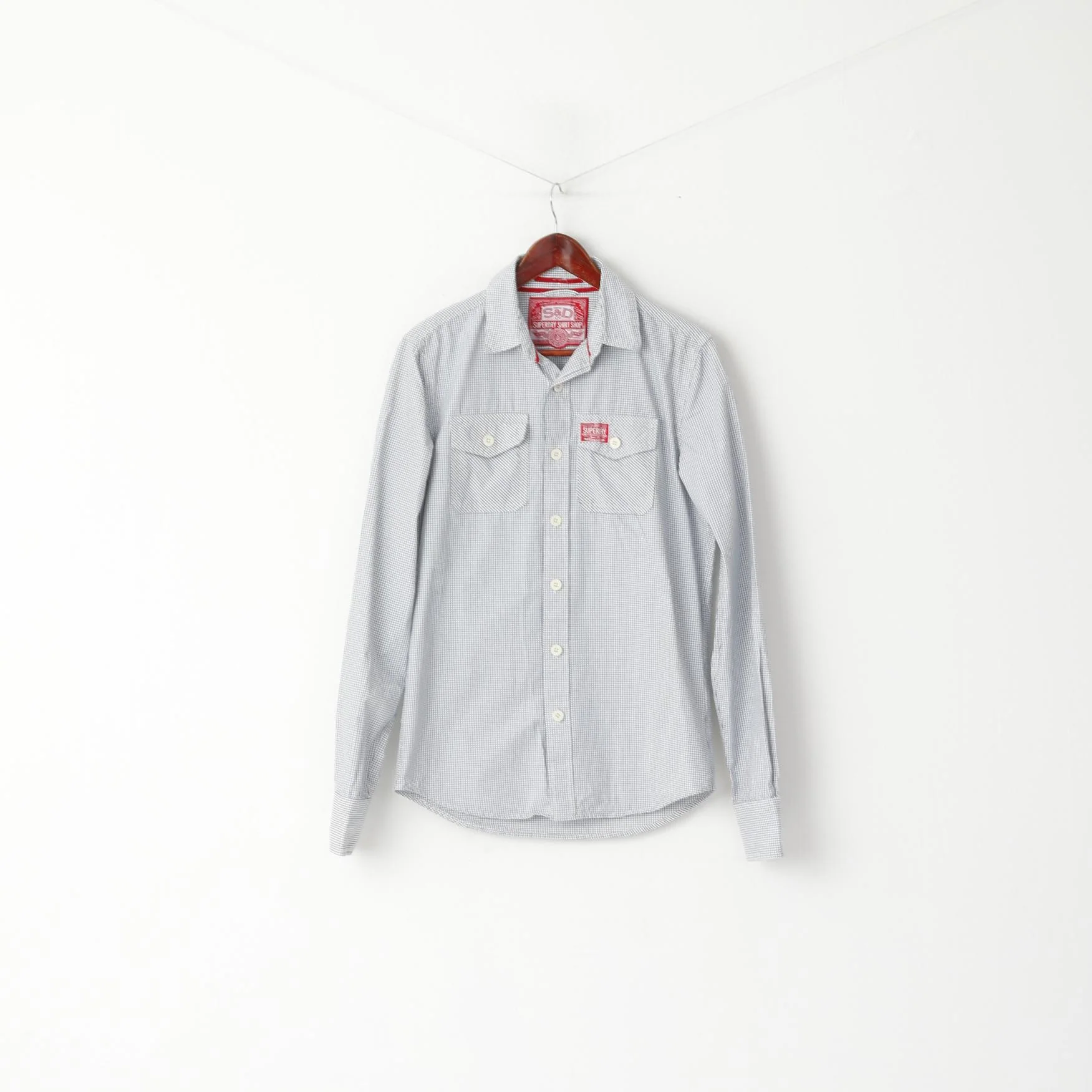 Superdry Men M (S) Casual Shirt Navy White Check Cotton Long Sleeve Pocket Top