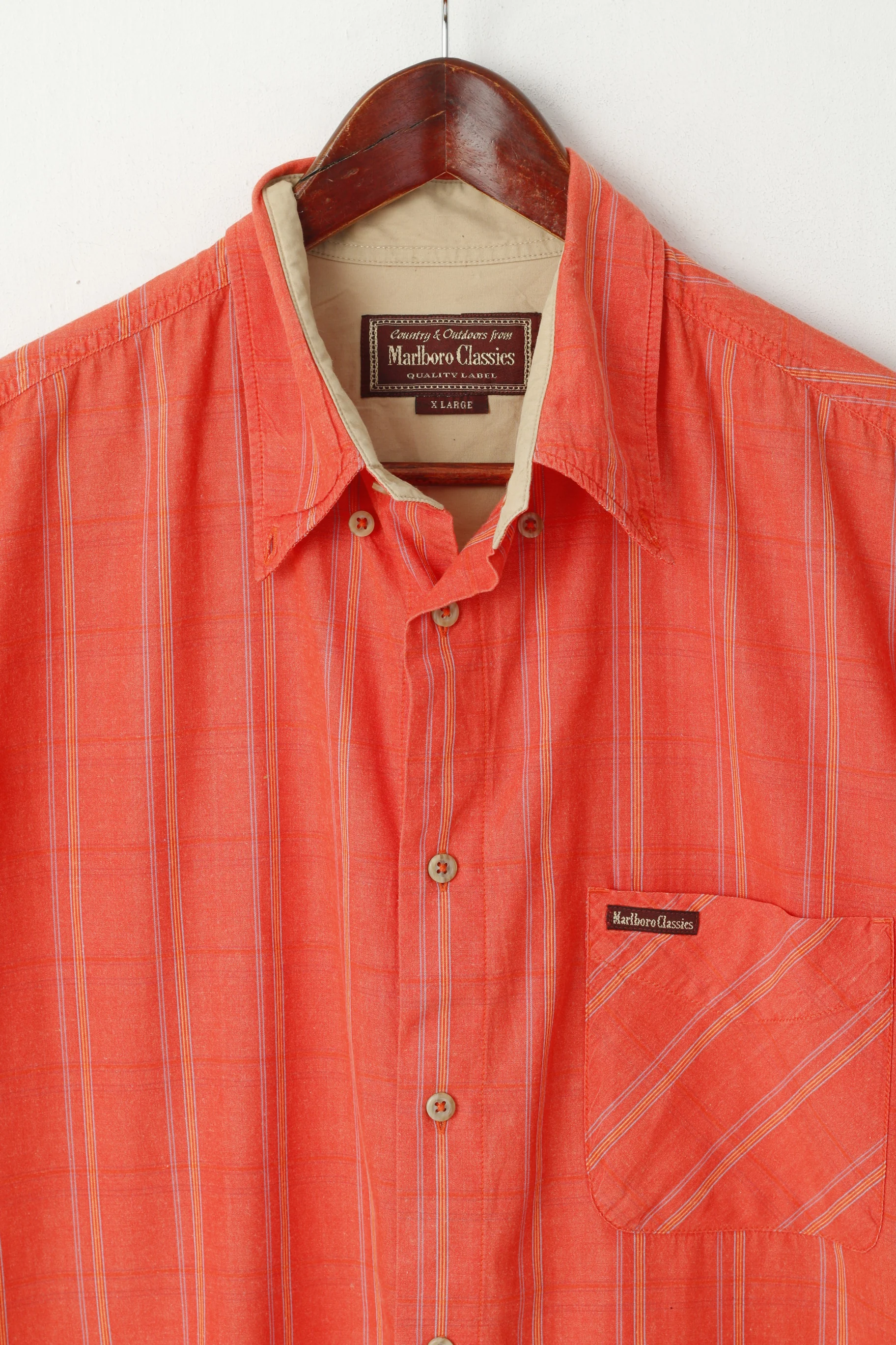 Marlboro Classics Men XL Casual Shirt Orange Check Country Outdoor Short Sleeve Top - Image 2