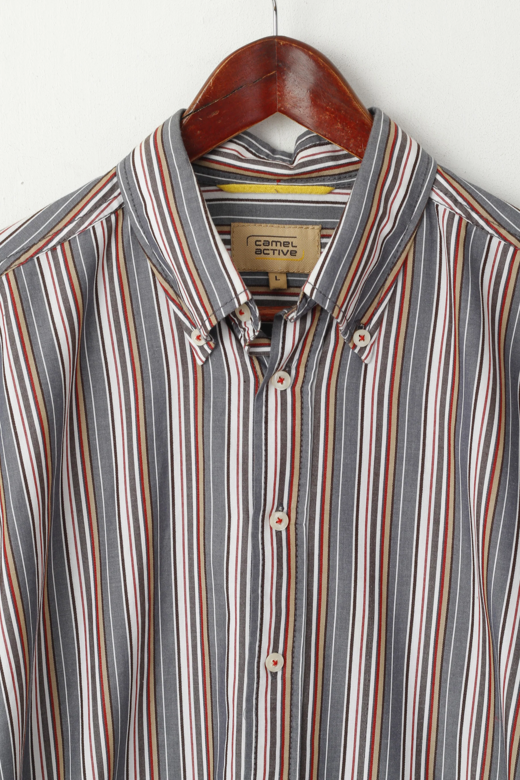 Camel Active Men L Casual Shirt Grey Striped Button Down Collar Long Sleeve Top - Image 2