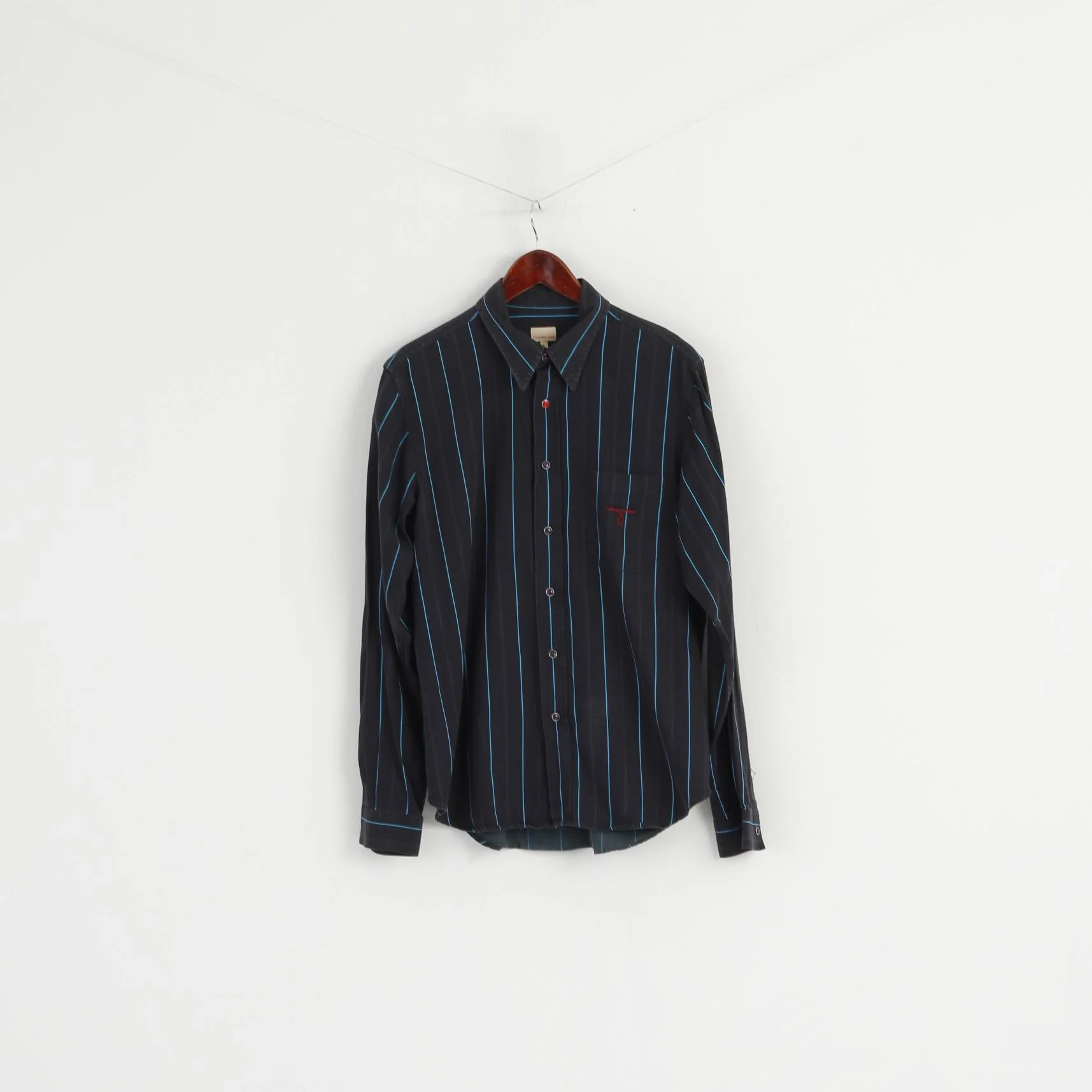 Calvin Klein Jeans Men L Casual Shirt Navy Striped Cotton Popper Buttons Long Sleeve Top