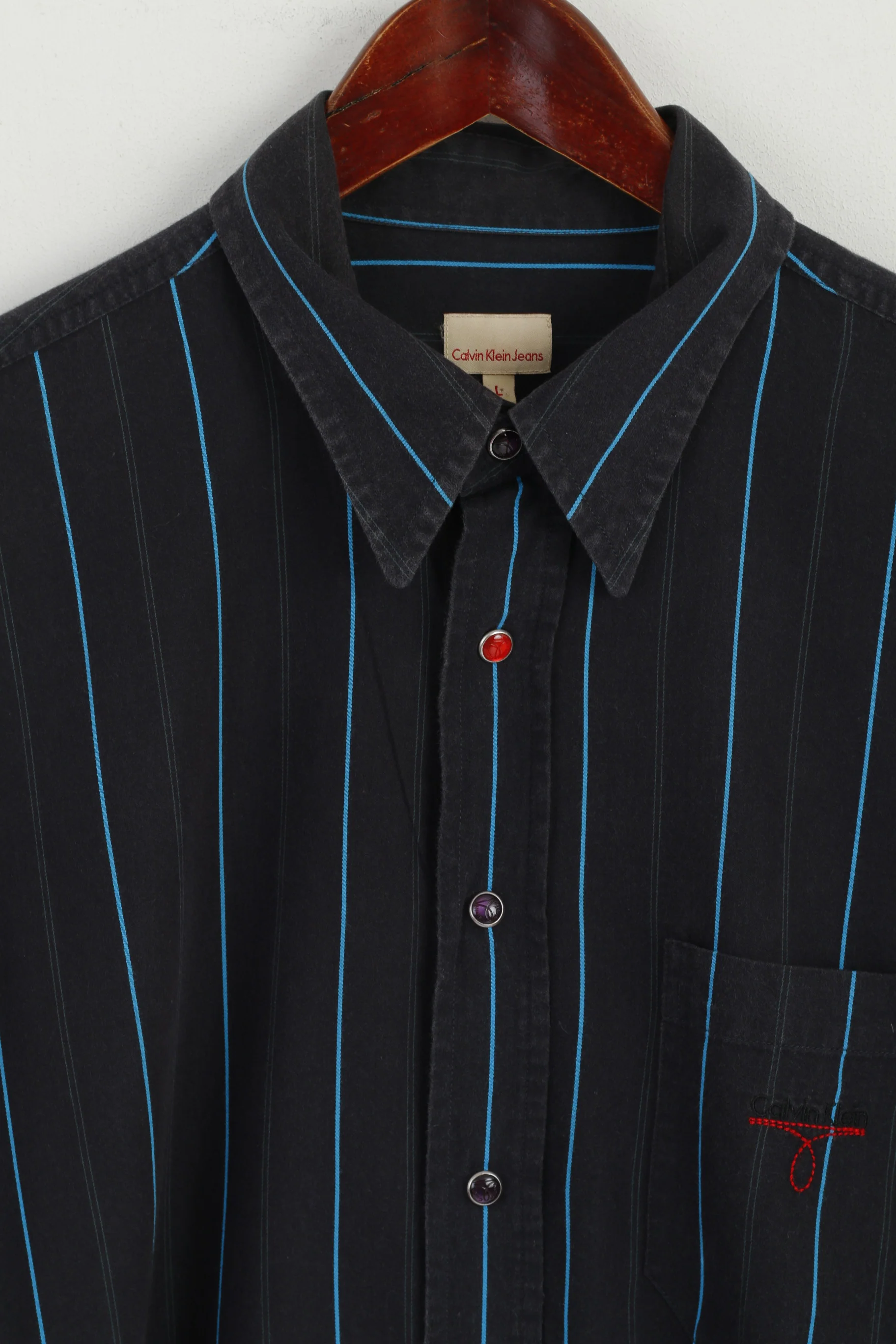 Calvin Klein Jeans Men L Casual Shirt Navy Striped Cotton Popper Buttons Long Sleeve Top - Image 2