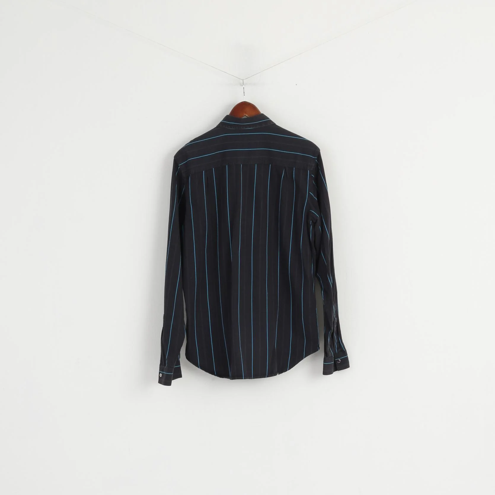Calvin Klein Jeans Men L Casual Shirt Navy Striped Cotton Popper Buttons Long Sleeve Top - Image 6