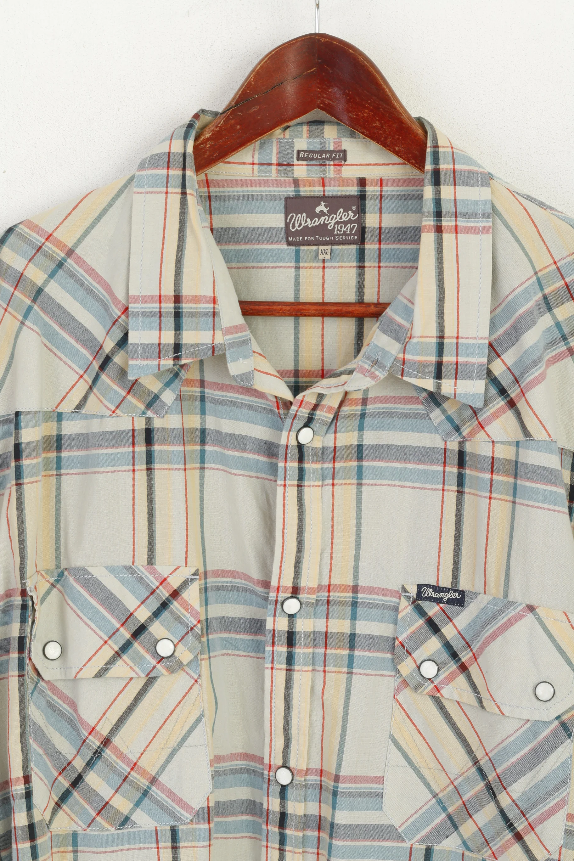 Wrangler Men XXL Casual Shirt Beige Cotton Check Western Long Sleeve Top - Image 2