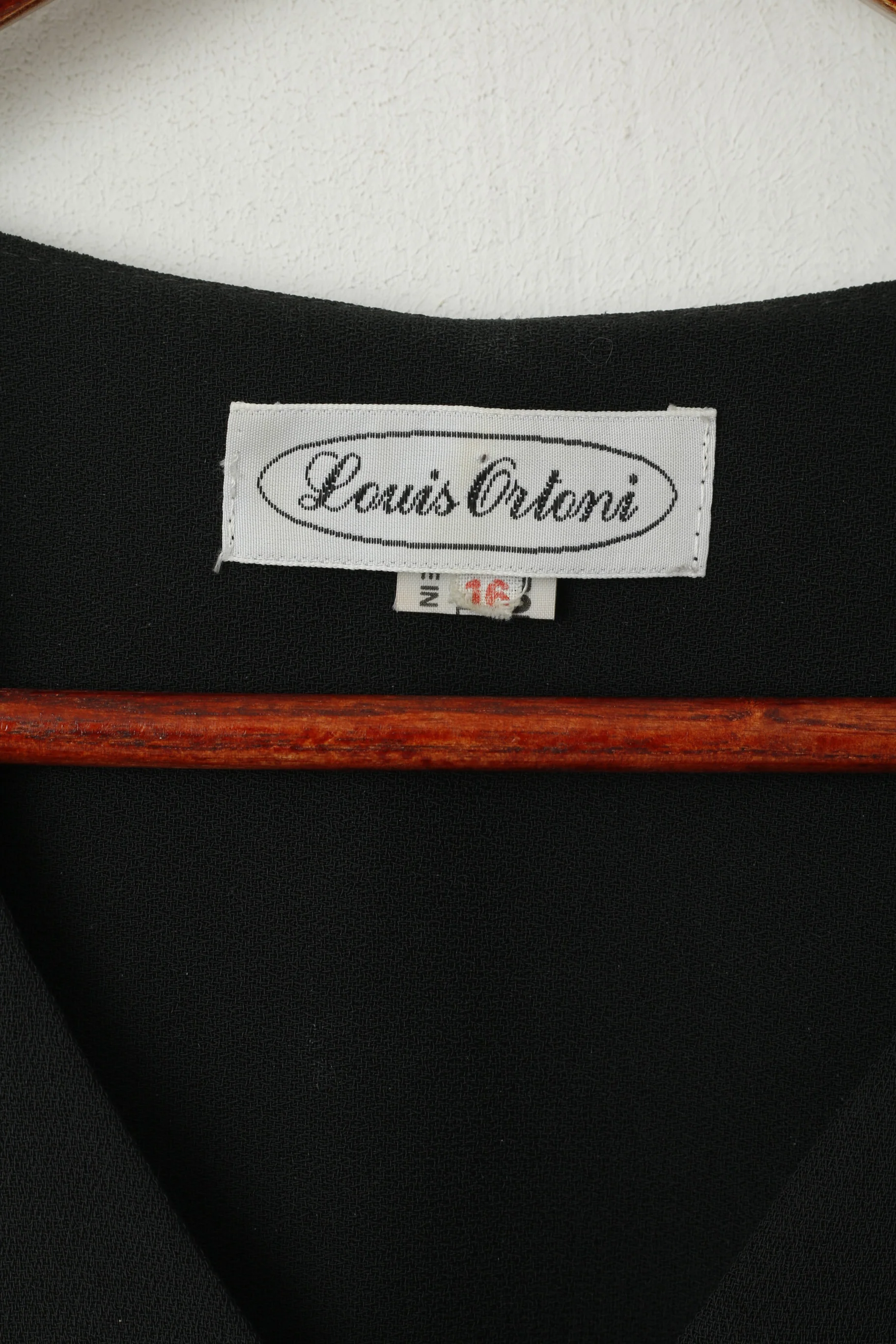 Louis Ortoni Women 16 L Shirt Black Vintage Sooulder Pads Shiny Buttoned 2/3 Sleeve Top - Image 4