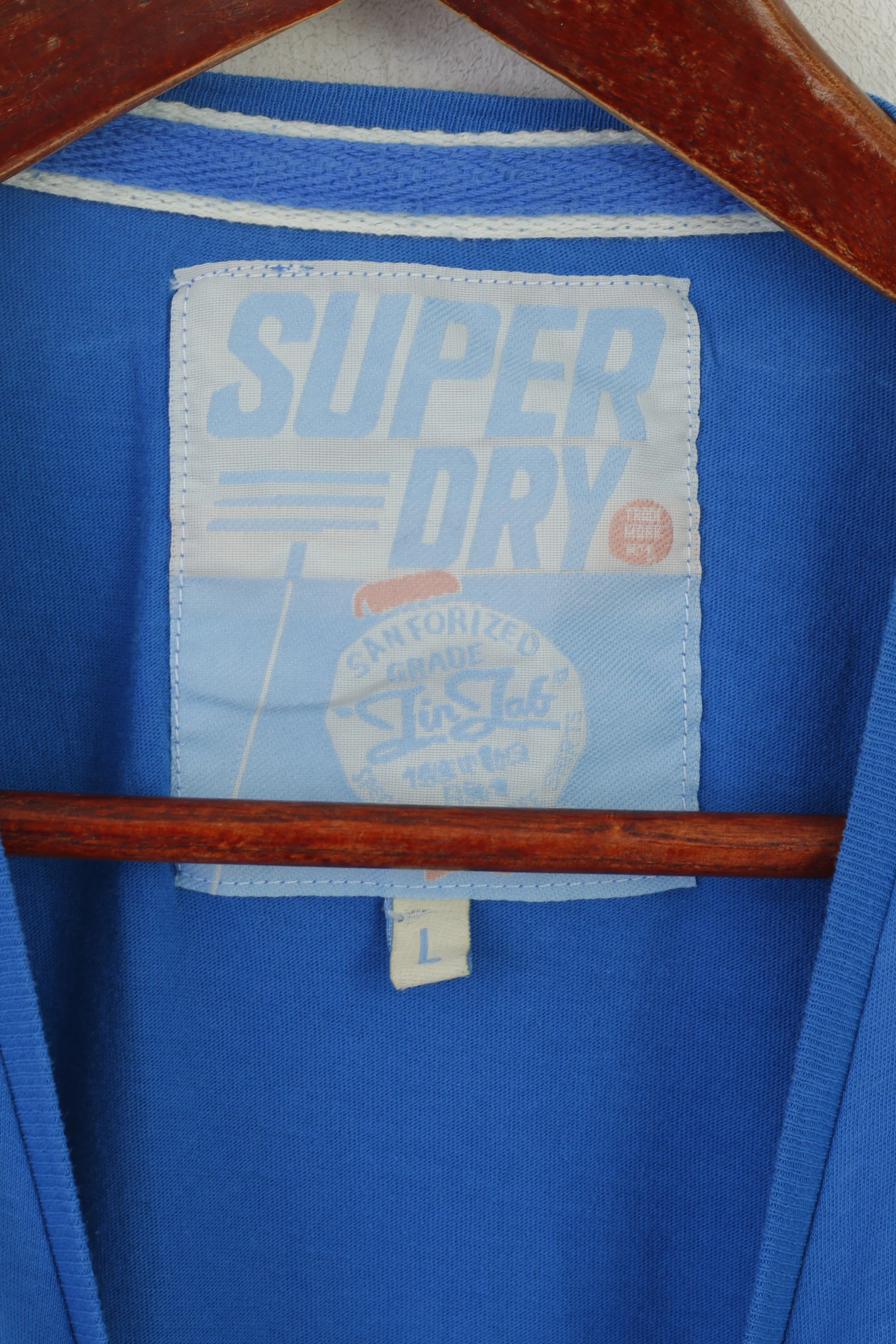 Superdry Women L Shirt Blue Cotton Graphic Slim Fit Crew Neck Stretch Top - Image 3