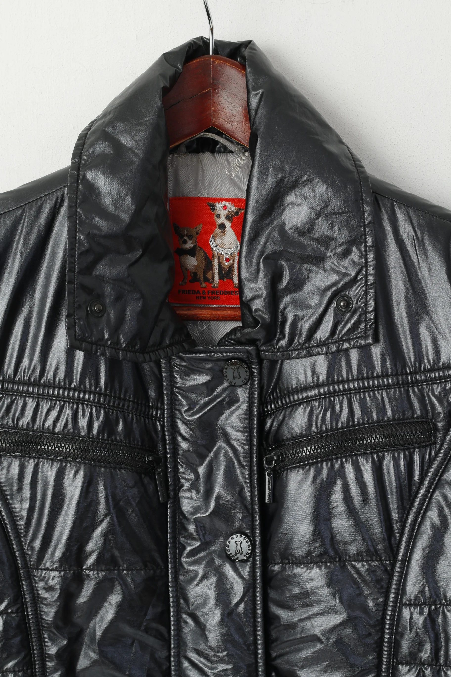 FRIEDA & FREDDIES Women 36 S Jacket Black Quilted Shiny Nylon Zip Up Top - Image 2