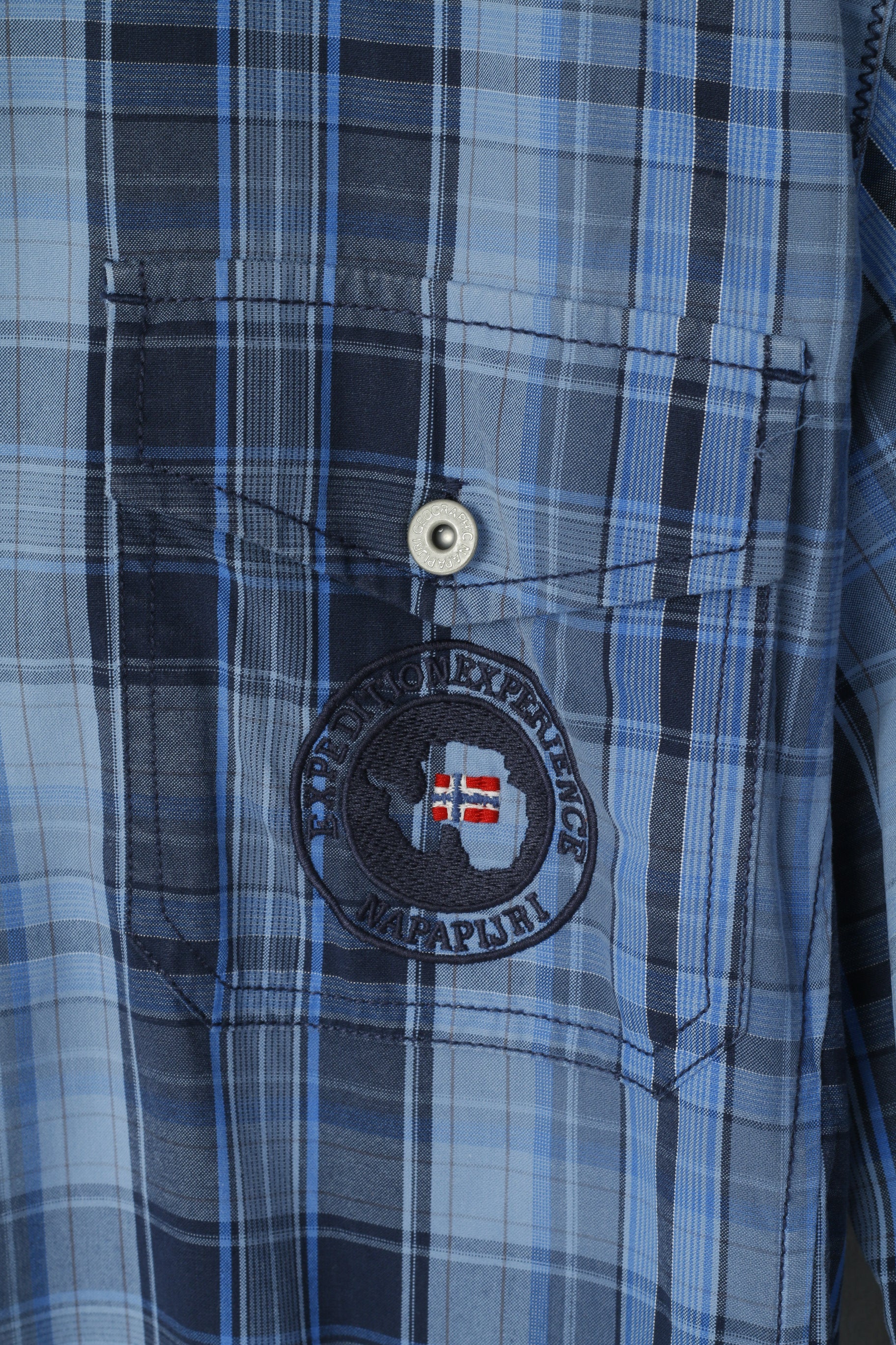 Napapijri Men M Casual Shirt Blue Check Cotton Slim Fit Expedition Long Sleeve Top - Image 3