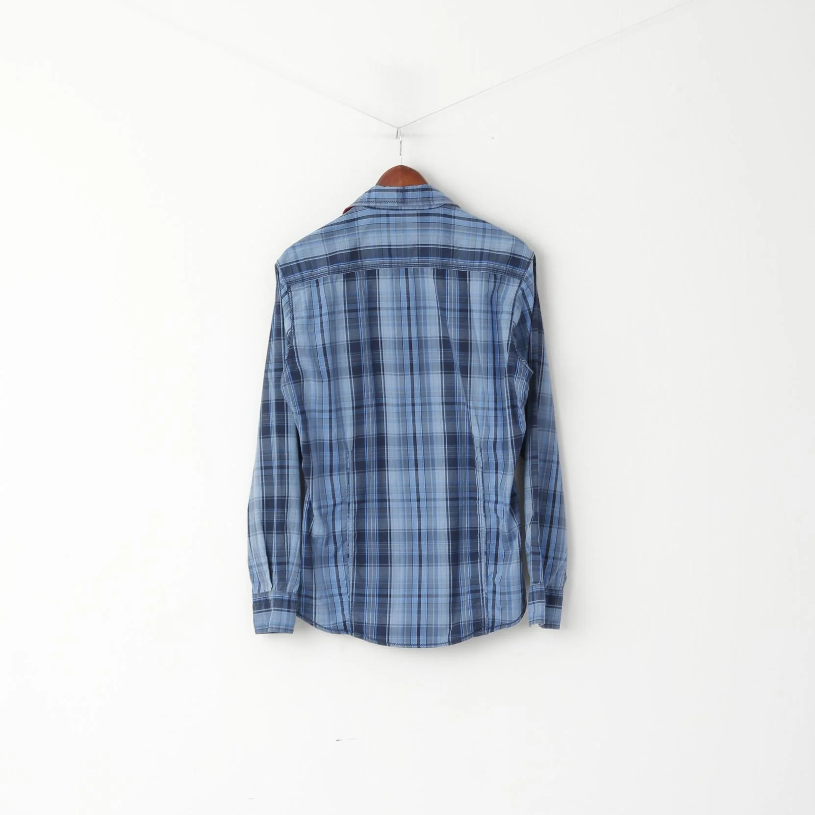 Napapijri Men M Casual Shirt Blue Check Cotton Slim Fit Expedition Long Sleeve Top - Image 7