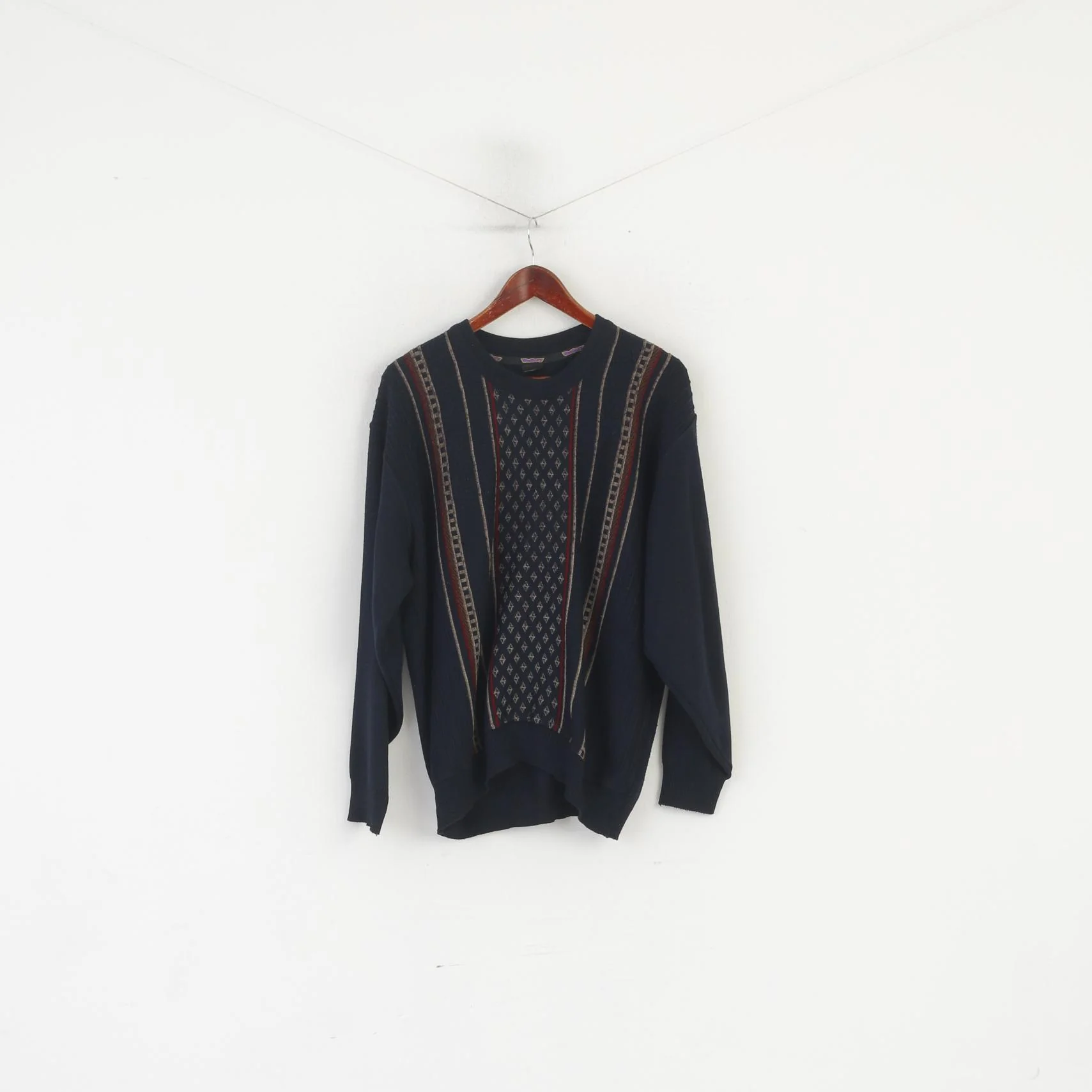 Westrbury C&A Men L Jumper Navy Wool Vintage Crew Neck Striped Sweater
