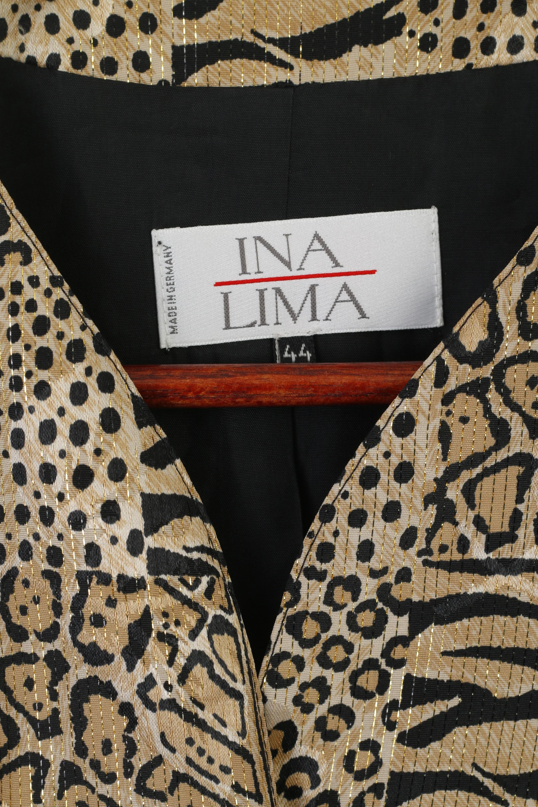 Ina Lima Women 44 L Blazer Gold Panther Print Shiny Gold Buttons Vintage Germany Jacket - Image 4