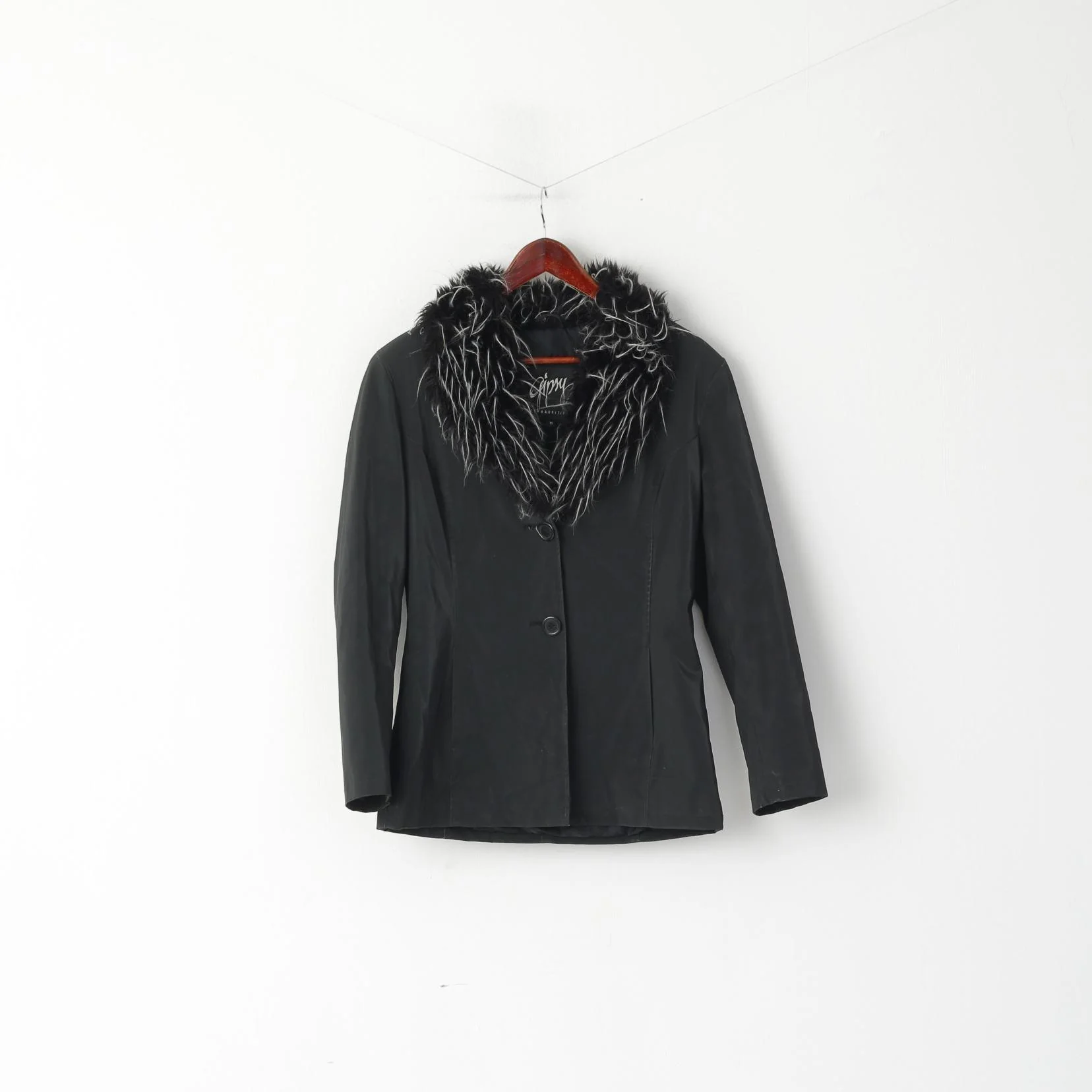 Gipsy by Mauritius Women M Jacket Black Shiny Faux Fur Casual Single Breasted Blazer - Image 2