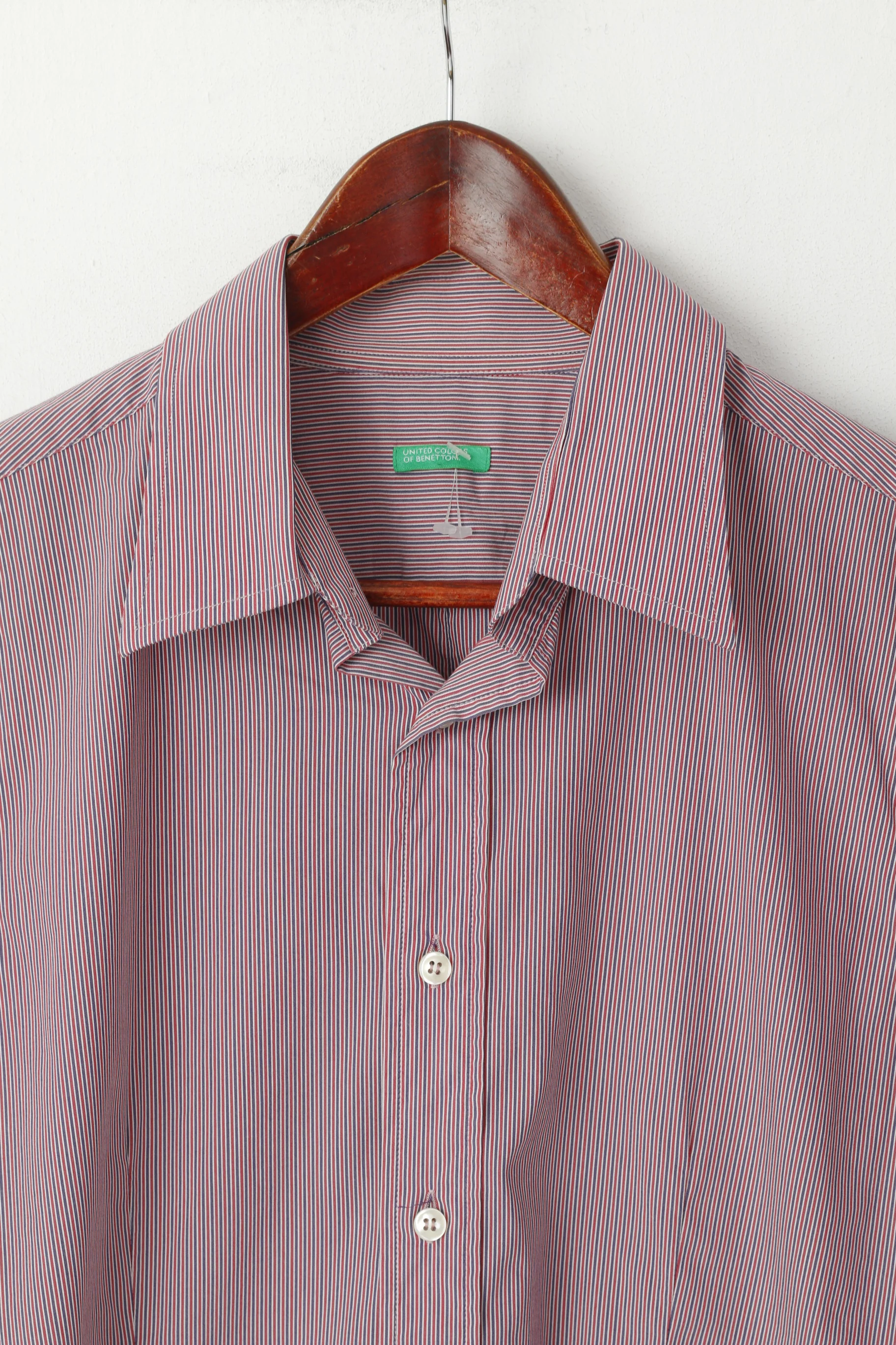 United Colors of Benetton Men L (M) Casual Shirt Navy Red Striped Slim Fit Long Sleeve Top - Image 2
