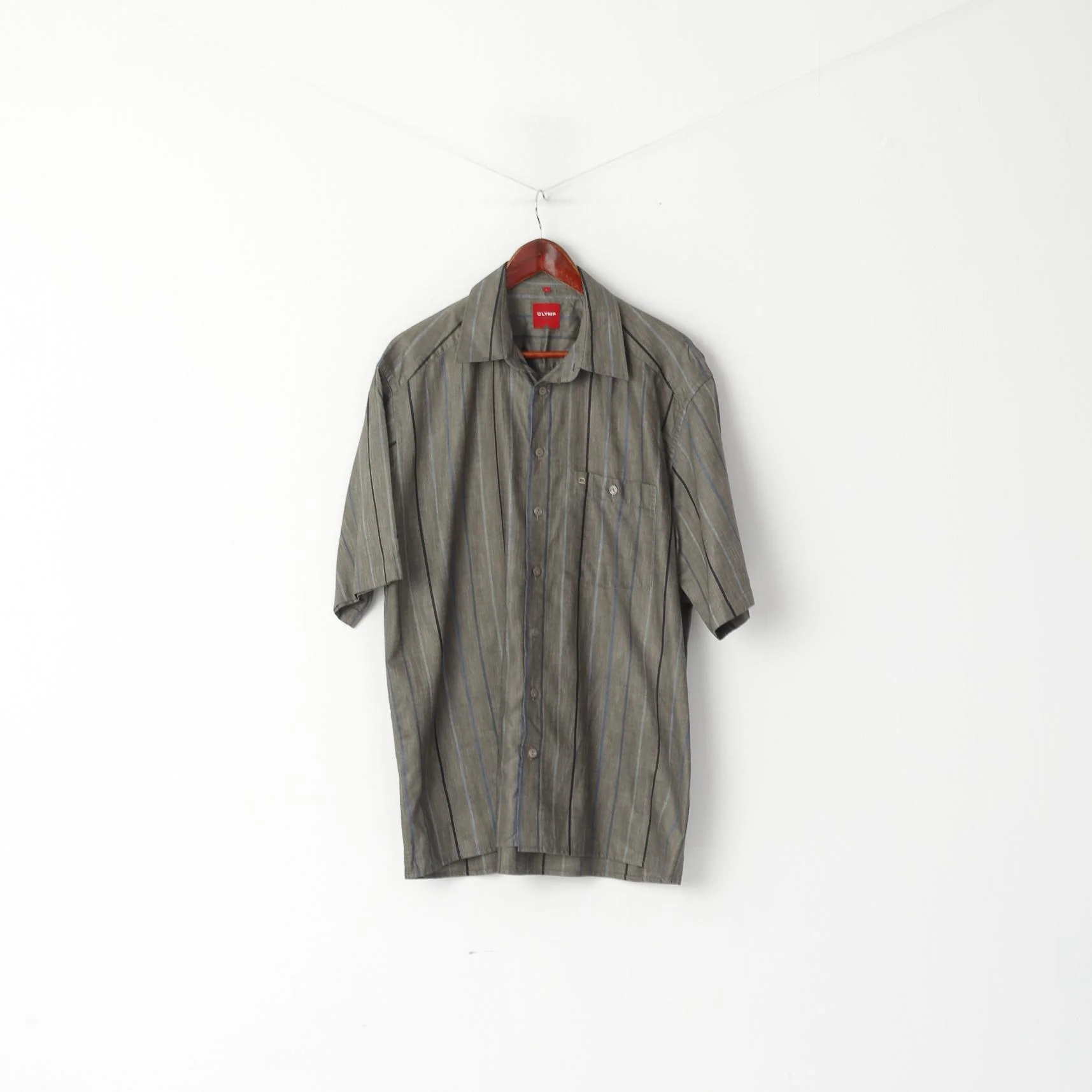 Olymp Novum Men L (XL) Casual Shirt Grey Striped Cotton Short Sleeve Classic Top