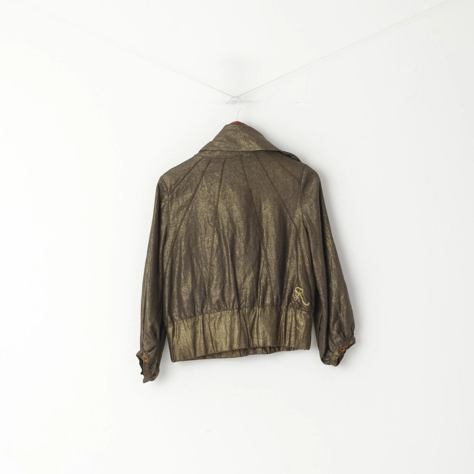 Ringspun Women 3 S Jacket Shiny Gold Turtle Neck Linen Cropped Zip Up Top - Image 7