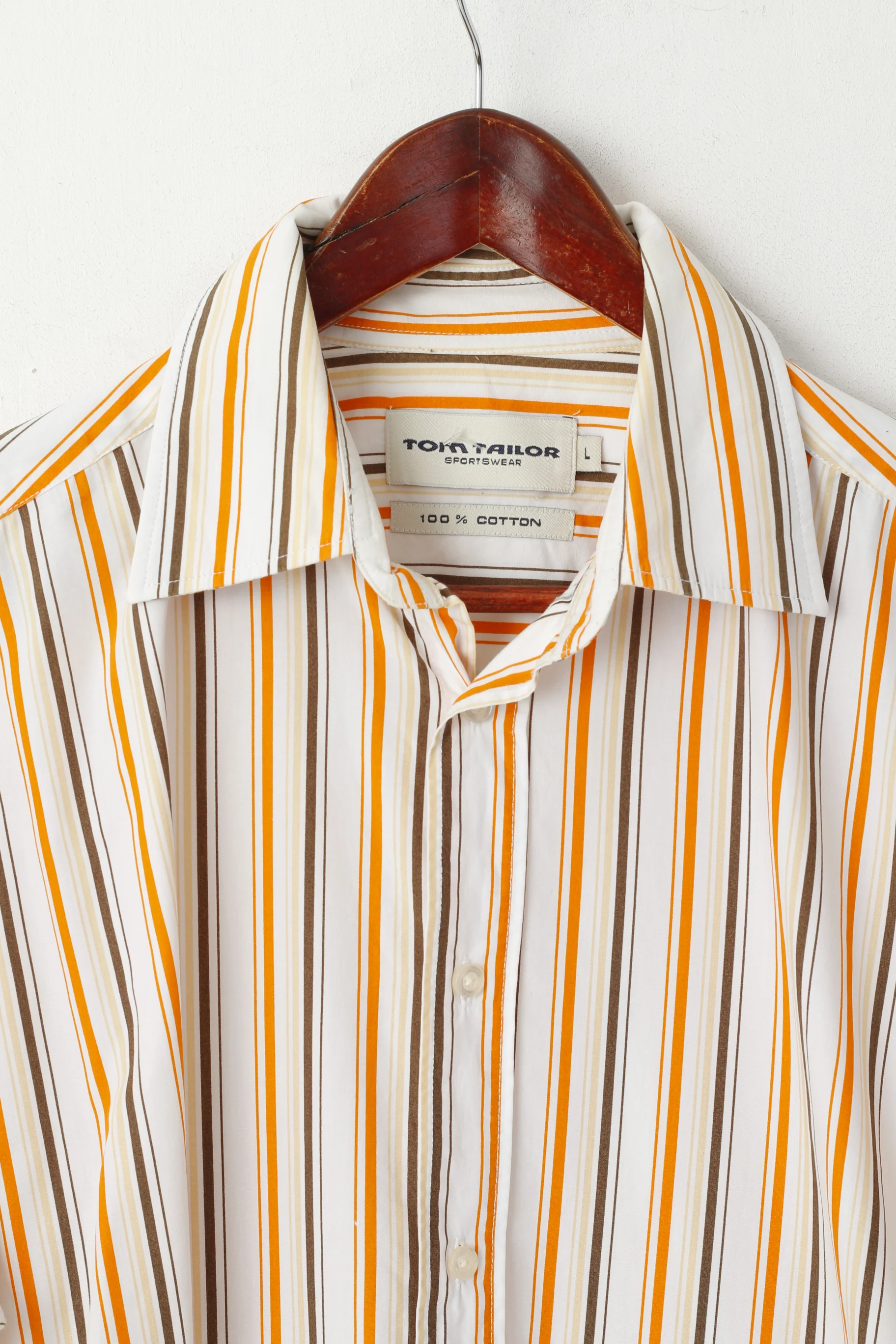 Tom Tailor Men L Casual Shirt Orange Striped Cotton Sportswear Long Sleeve Top - Image 2