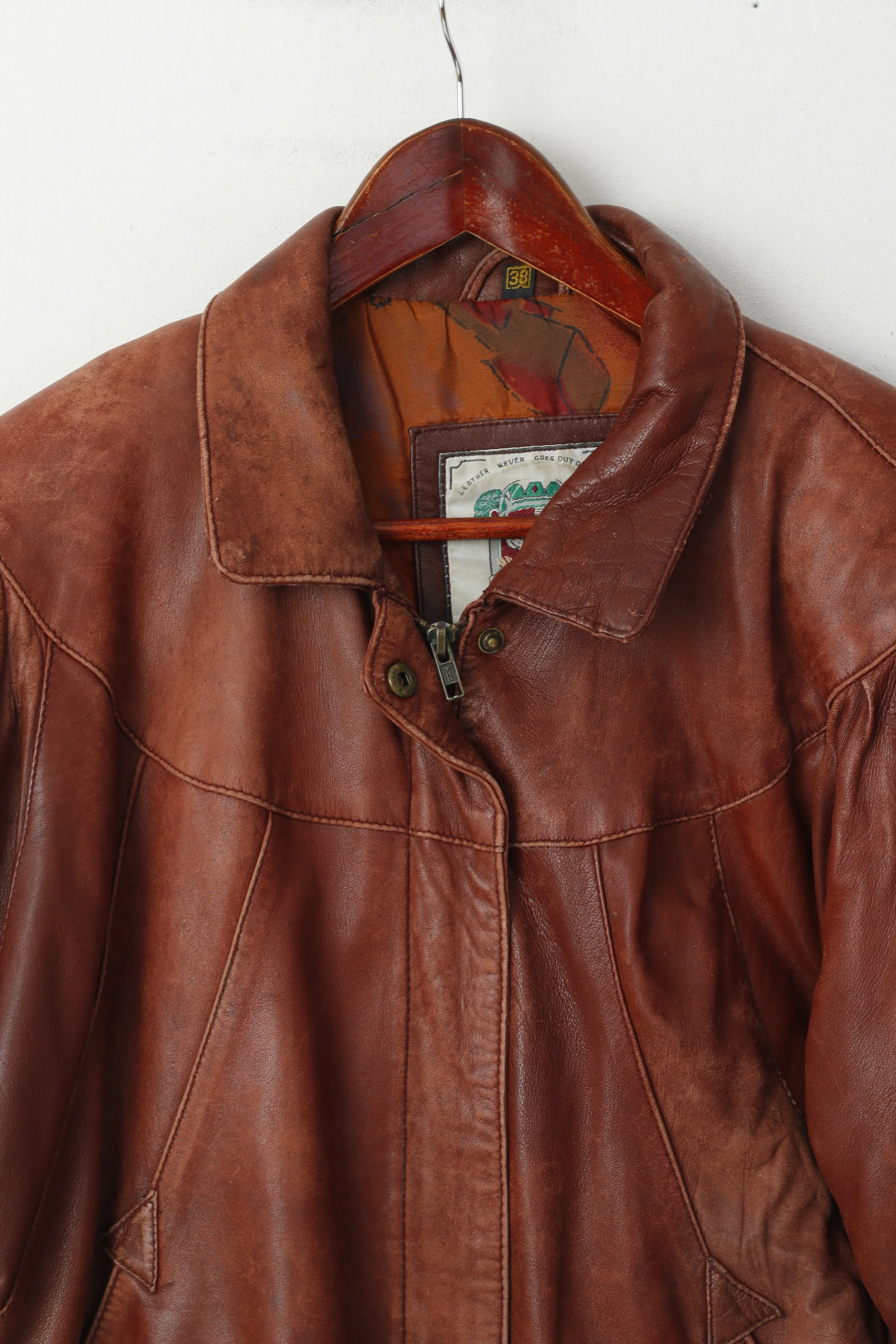 DENNIS Women 38 M Jacket Brown Faded Leather Vintage Zip Up  Raglan Sleeve Top - Image 2