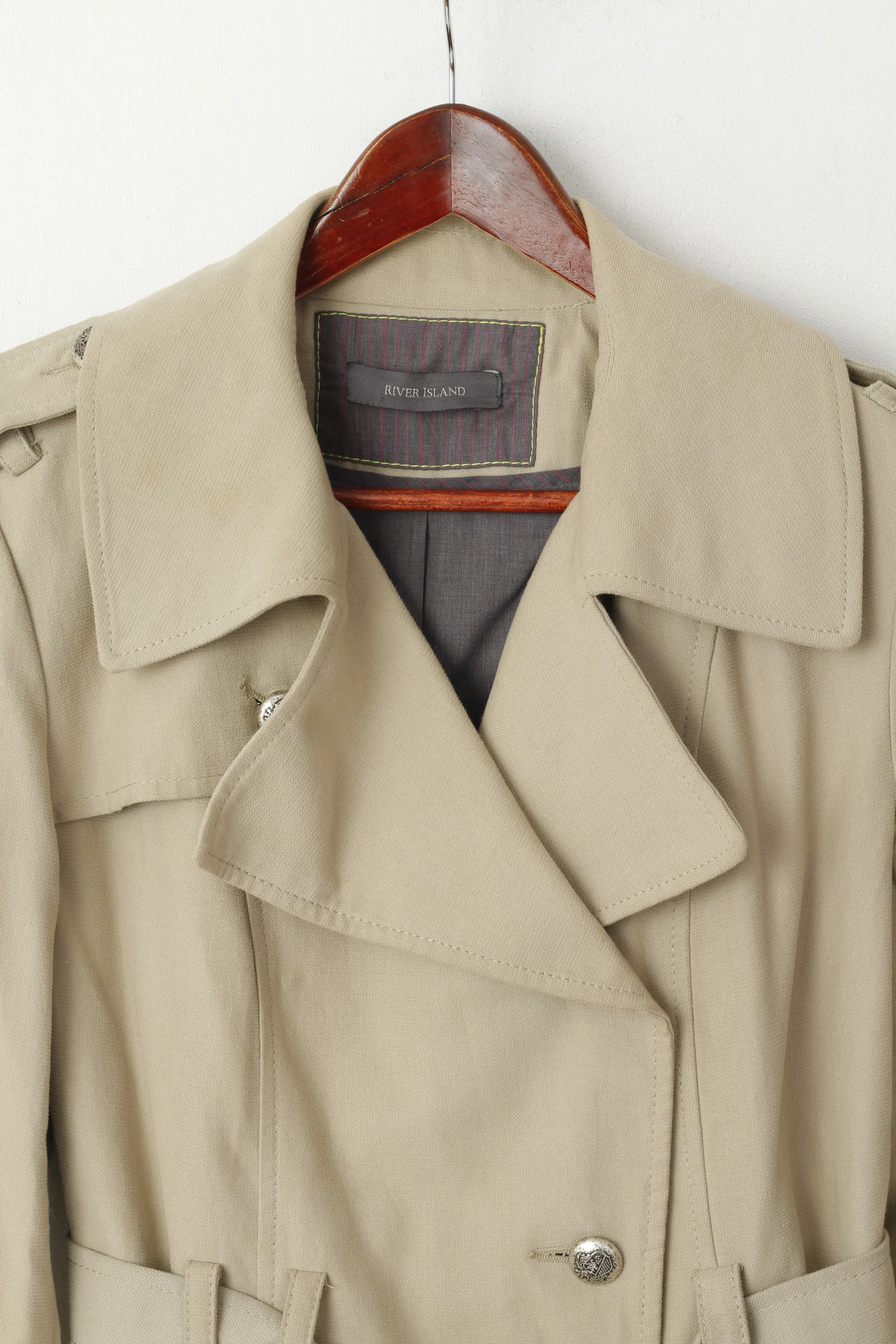 River Island Women 14 40 Jacket Beige Cotton Belted Classic Pea Coat - Image 2