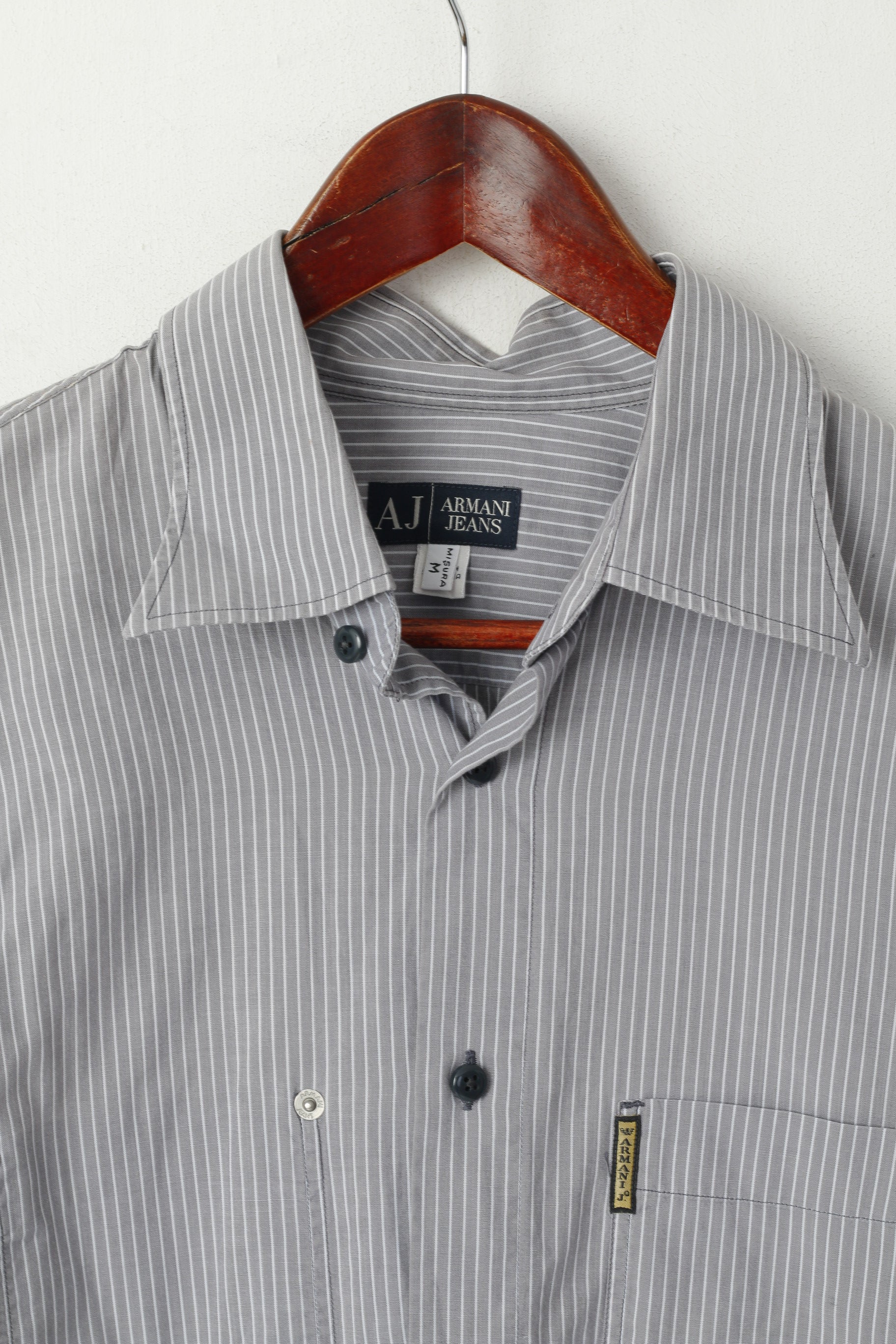 Armani Jeans Men M (S) Casual Shirt Grey Striped Cotton Long Sleeve Logo Top - Image 2