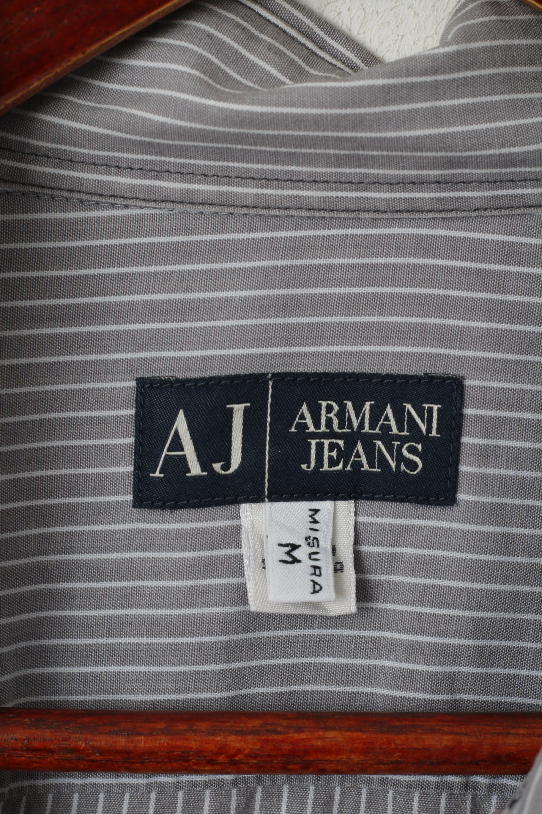 Armani Jeans Men M (S) Casual Shirt Grey Striped Cotton Long Sleeve Logo Top - Image 4