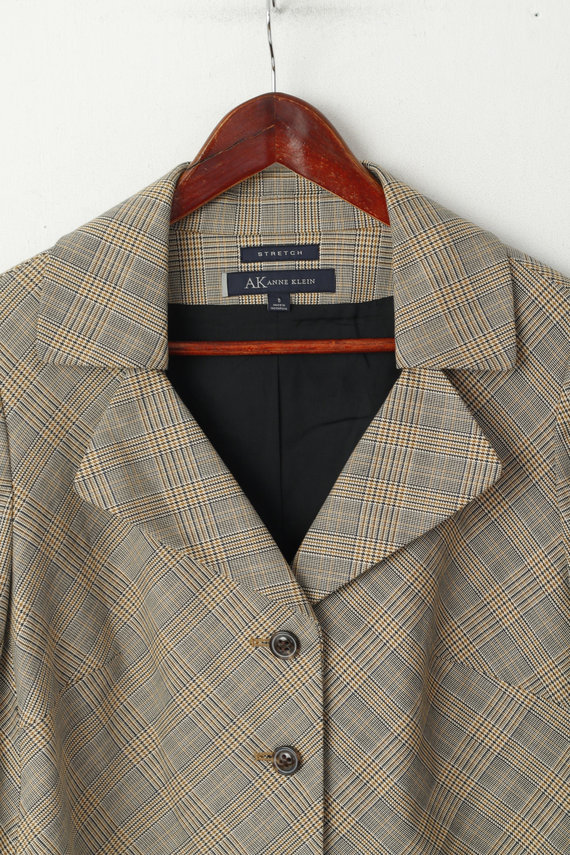 Anne Klein Women 8 M Jacket Cropped Brown Check Stretch Cotton 3/4 Sleeve Blazer - Image 2