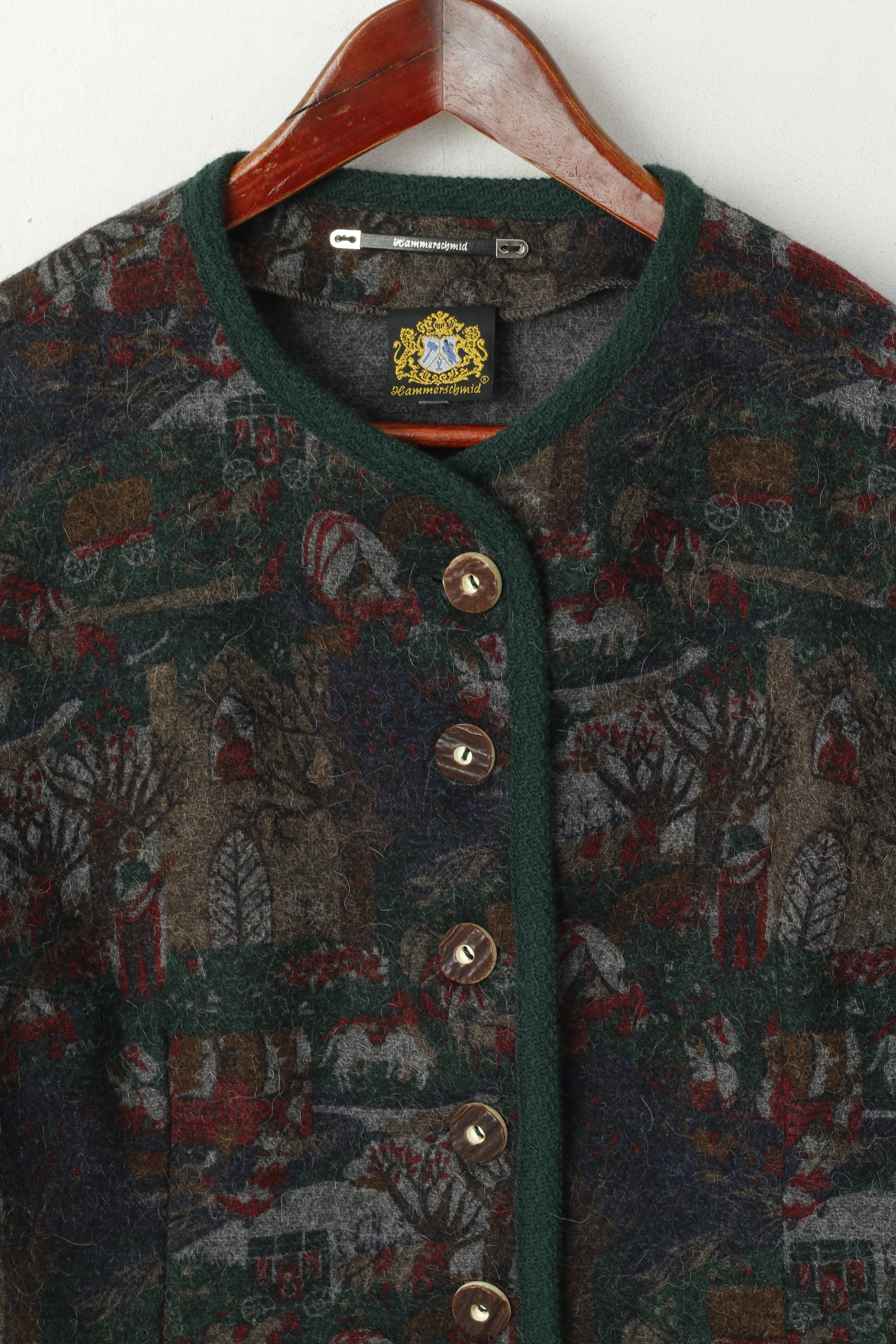 Hammershmid Women M Cardigan Green Pure Wool Folk Printed Classic Sweater - Image 2