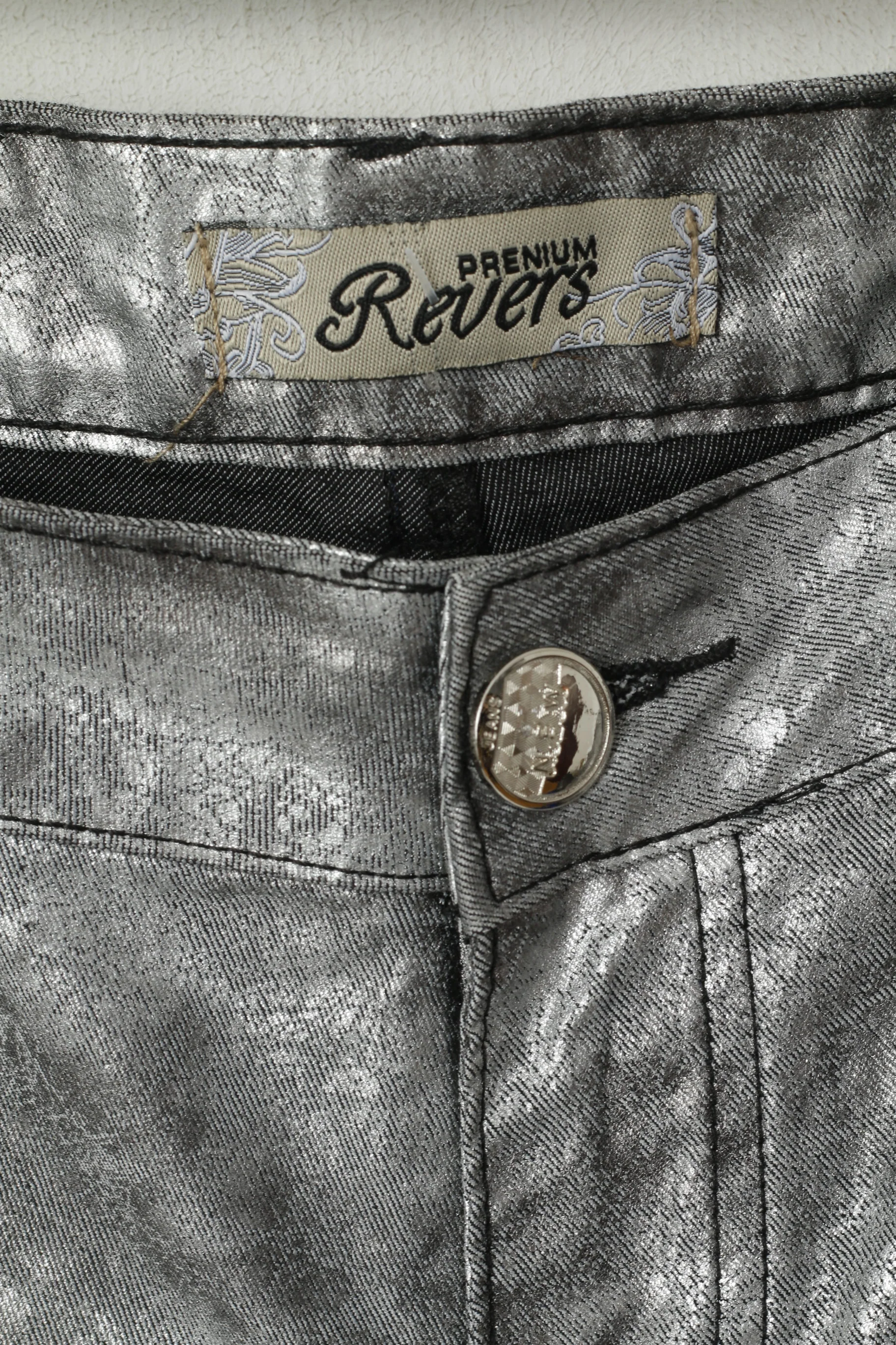 Prenium Revers Women 40 L Trousers Silver Shiny Cotton Stretch Skinny Party Pants - Image 3