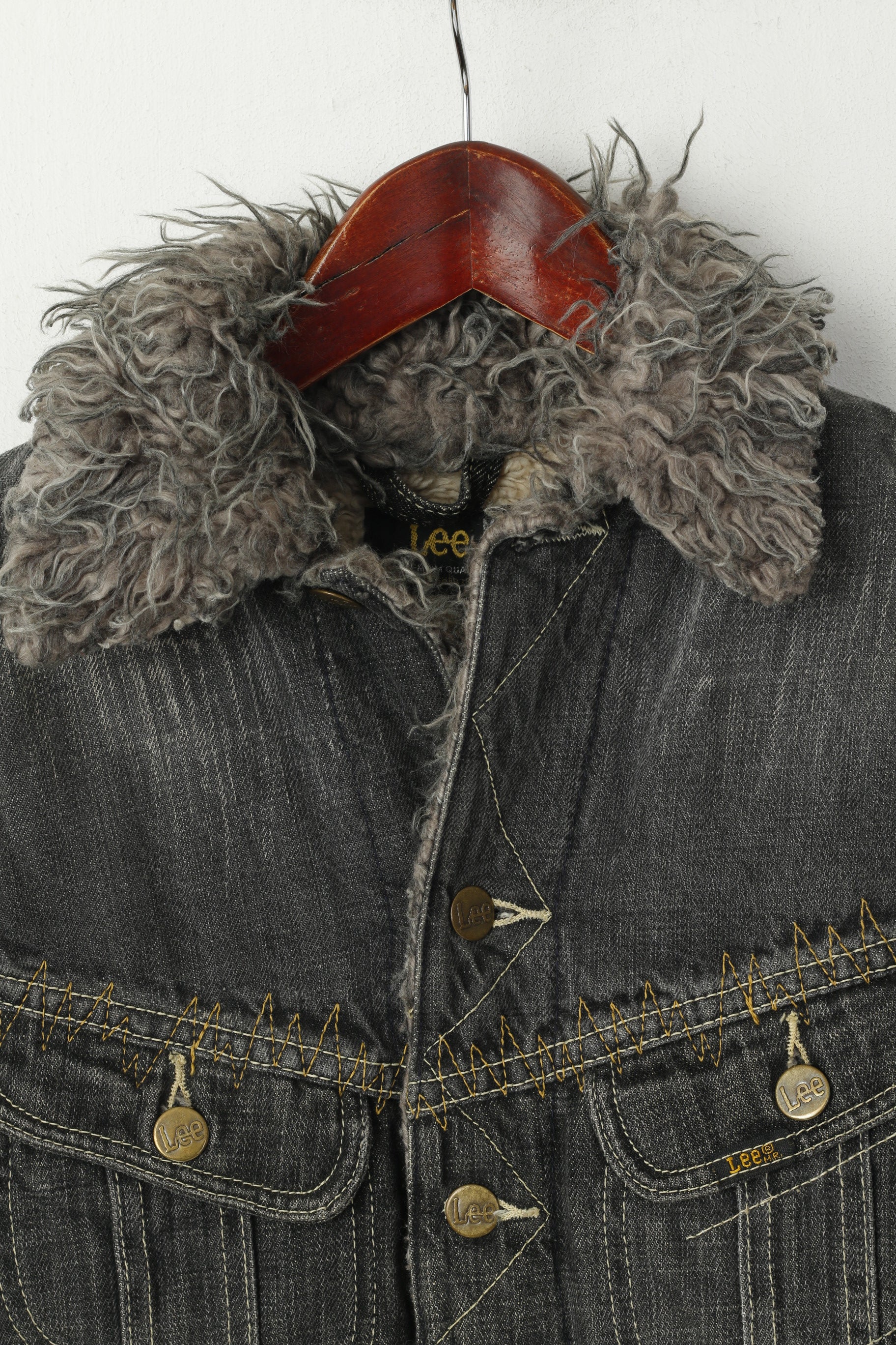Lee Women M Jacket Grey Cotton Denim Jeans Furry Lined Trucker Cropped Top - Image 2