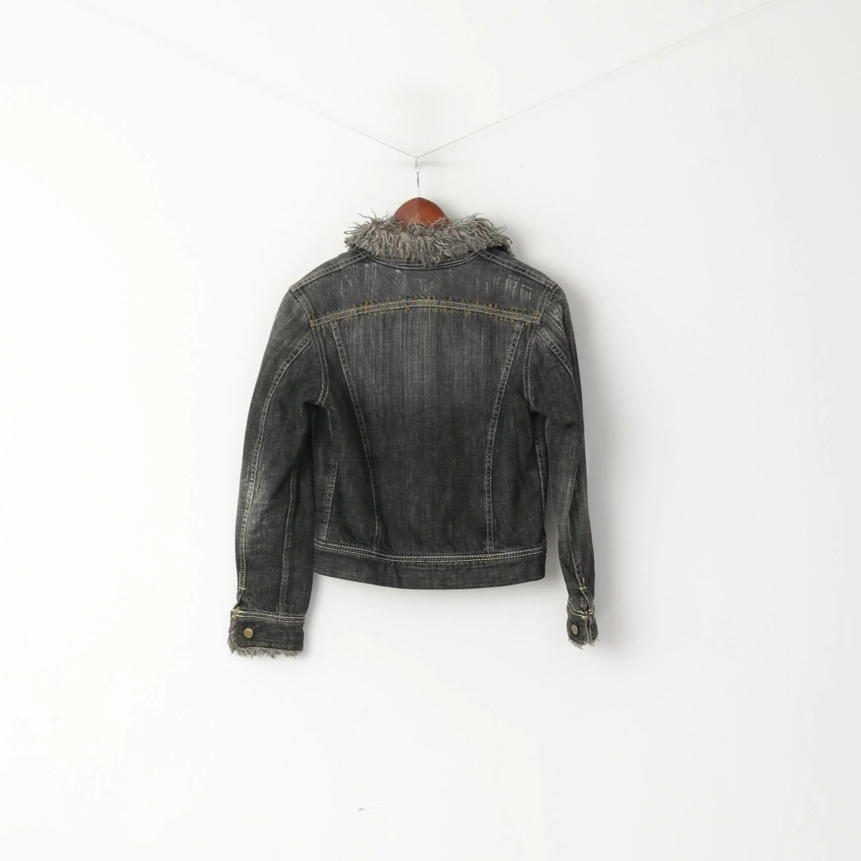 Lee Women M Jacket Grey Cotton Denim Jeans Furry Lined Trucker Cropped Top - Image 6
