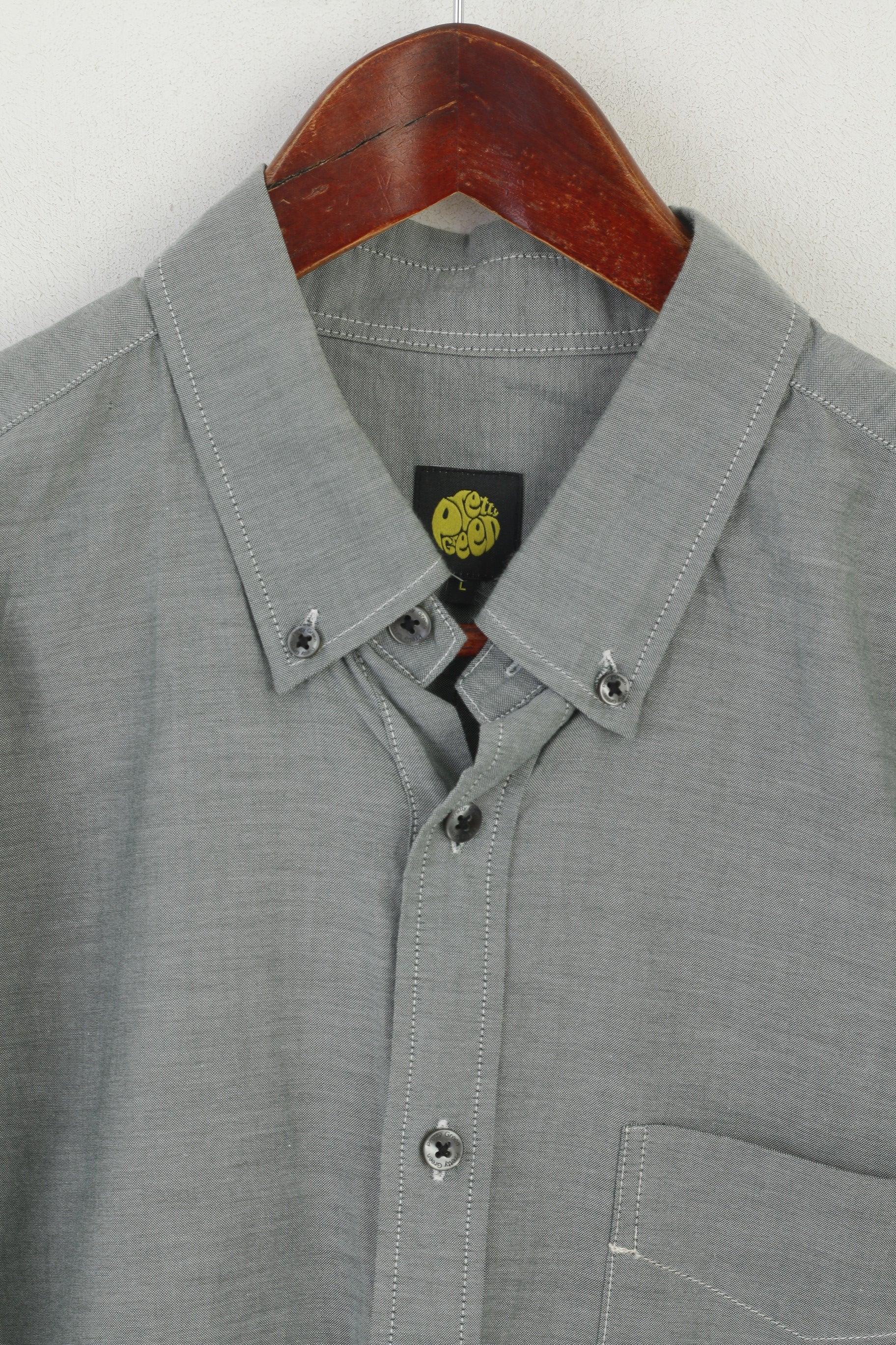 Pretty Green Men L Casual Shirt Gray Cotton Pocket Slim Fit Thin Material Long Sleeve Top - Image 2