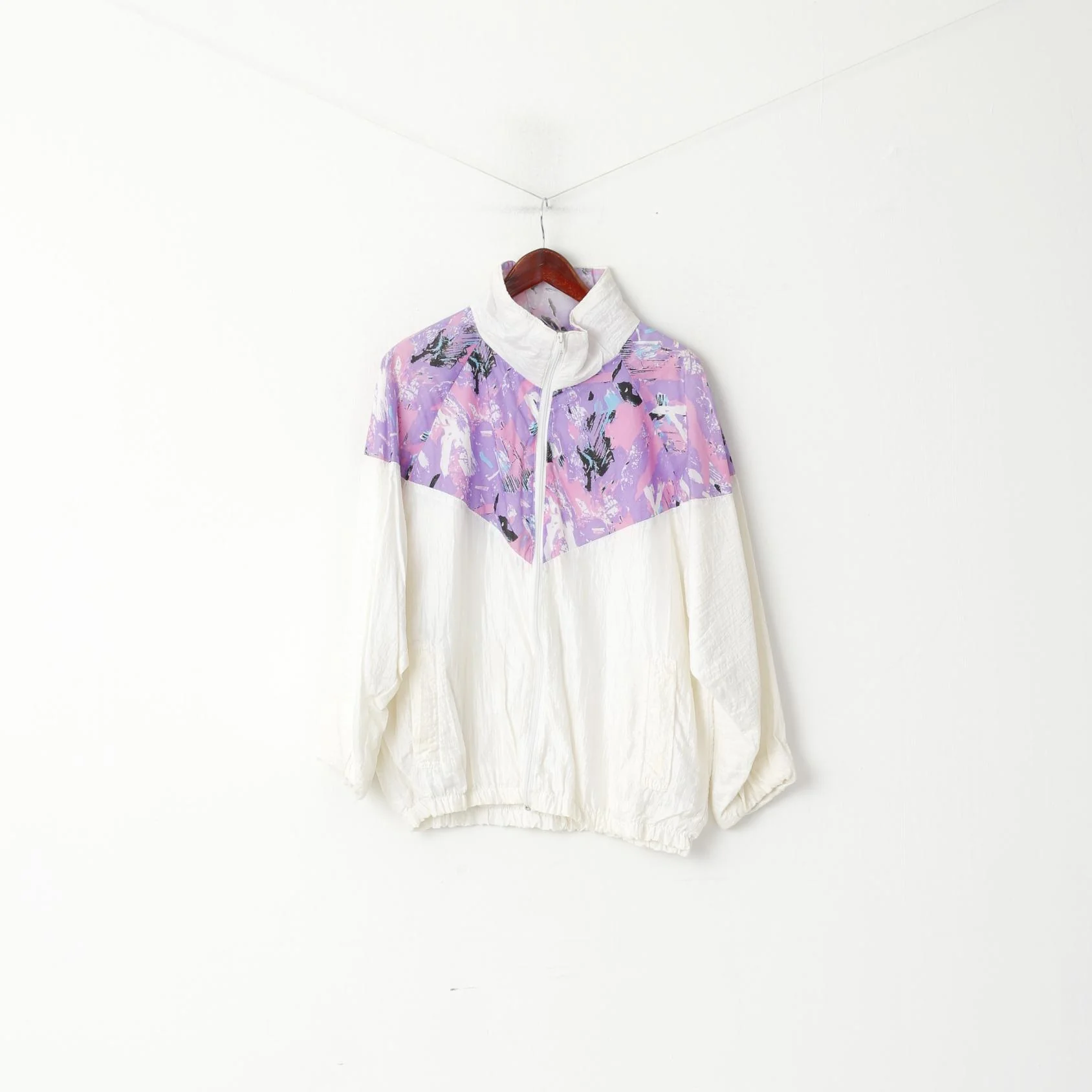 Vintage Women L Jacket Vintage 80s Shiny Cream Pink Pattern Full Zipper Bomber Top