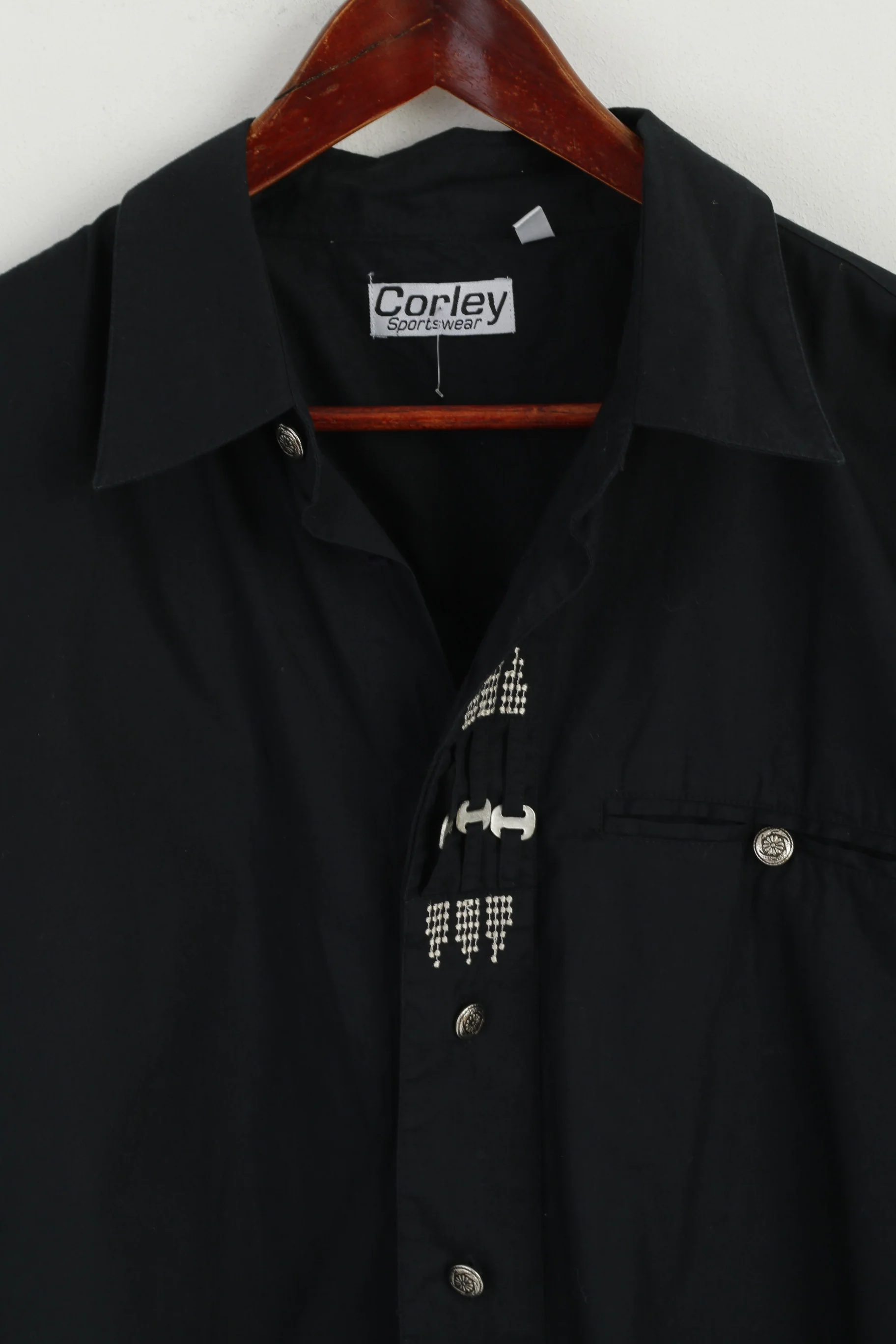 Corley Sportswear Men 45/46 XL Casual Shirt Black Silver Buttons Detailed Long Sleeve - Image 2