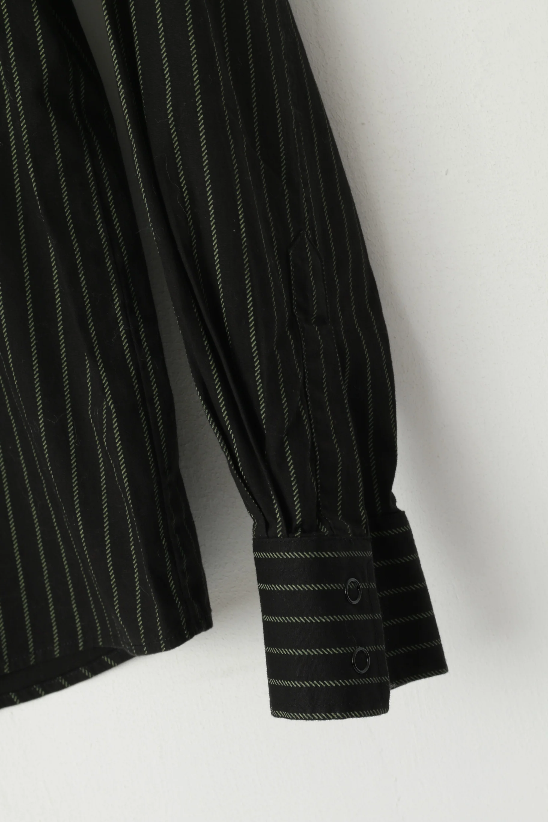 DC Men L Casual Shirt Black Green Striped Cotton Snap Stretch Long Sleeve Top - Image 3