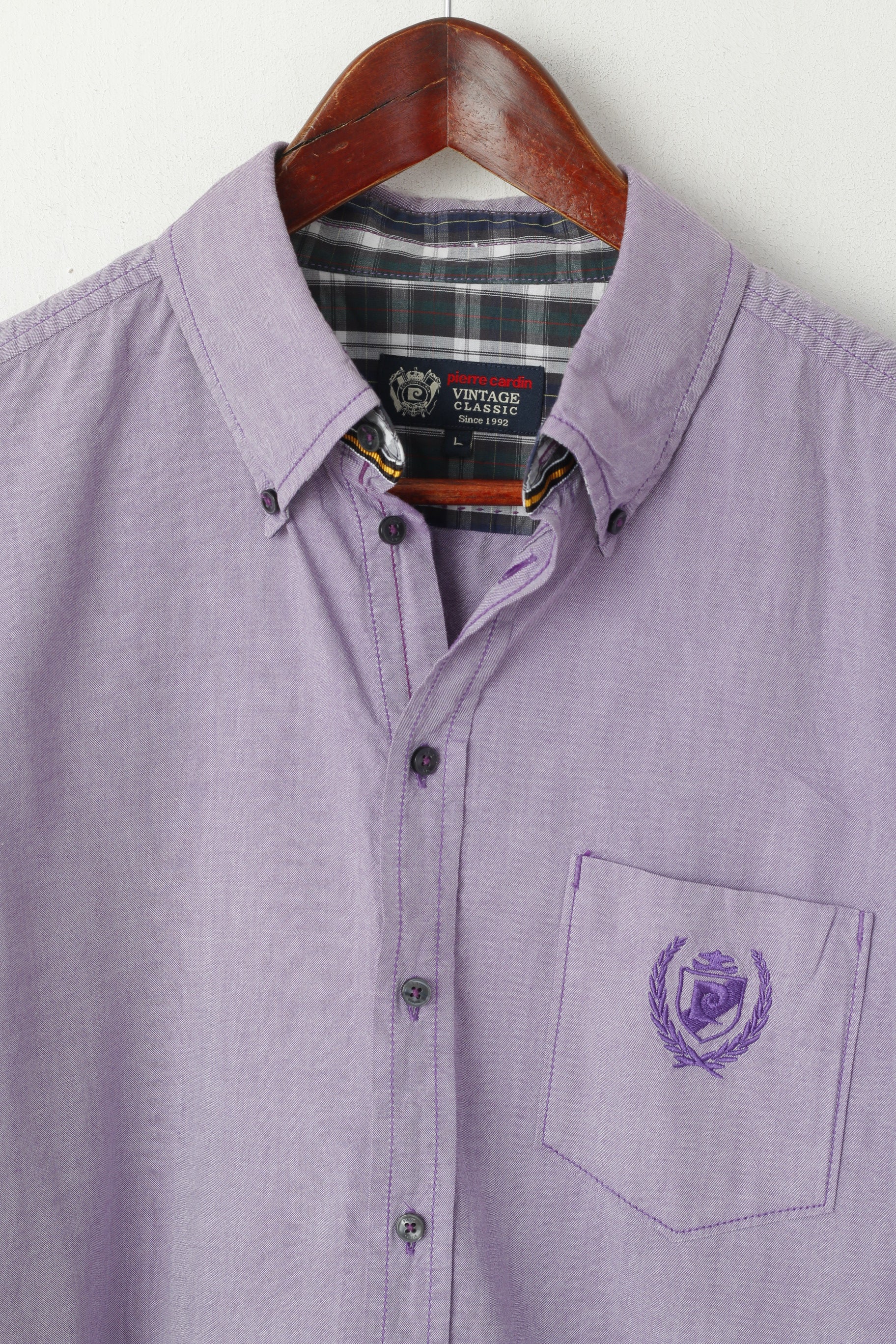 Pierre Cardin Men L Casual Shirt Purple Vintage Classic Cotton Long Sleeve Top - Image 2