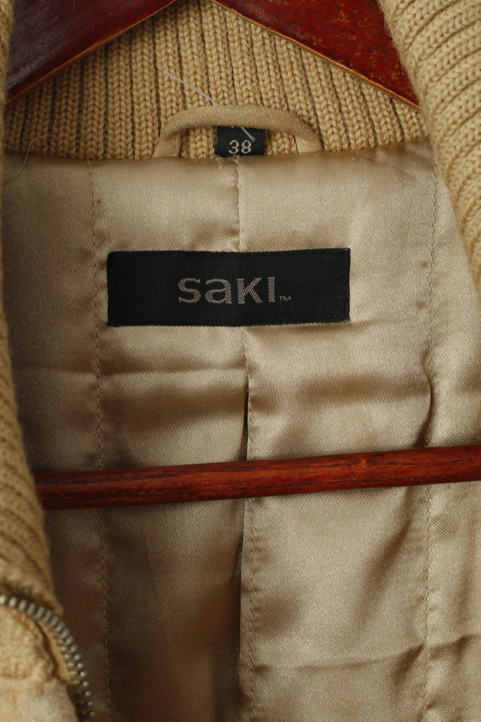 SAKI Women 38 S Coat Beige Suede Leather Full Zipper Casual Vintage Stand Up Collar Top - Image 4