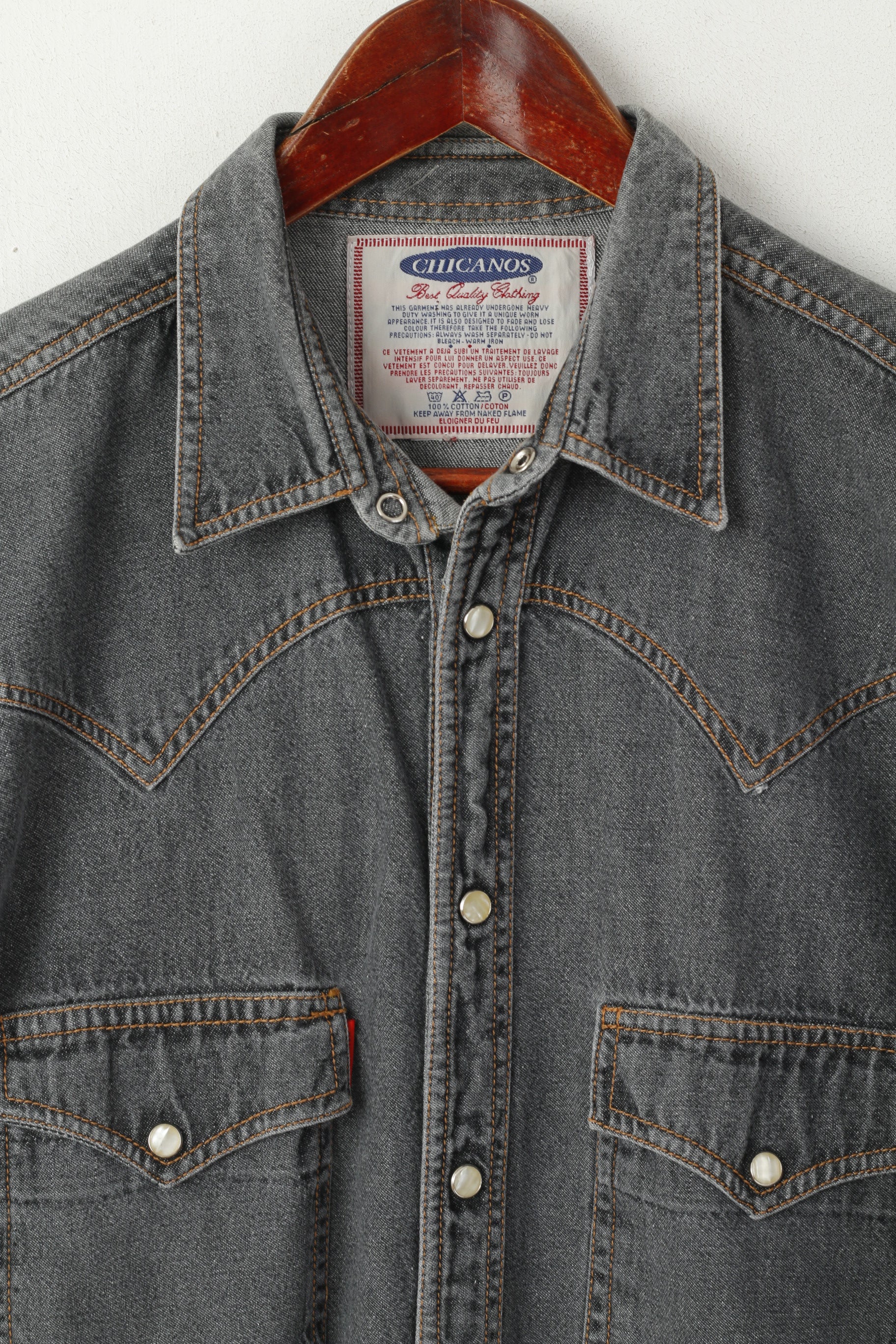 Chicanos Men M Casual Shirt Grey Denim Jeans Vintage Snap Western Cotton Top - Image 2