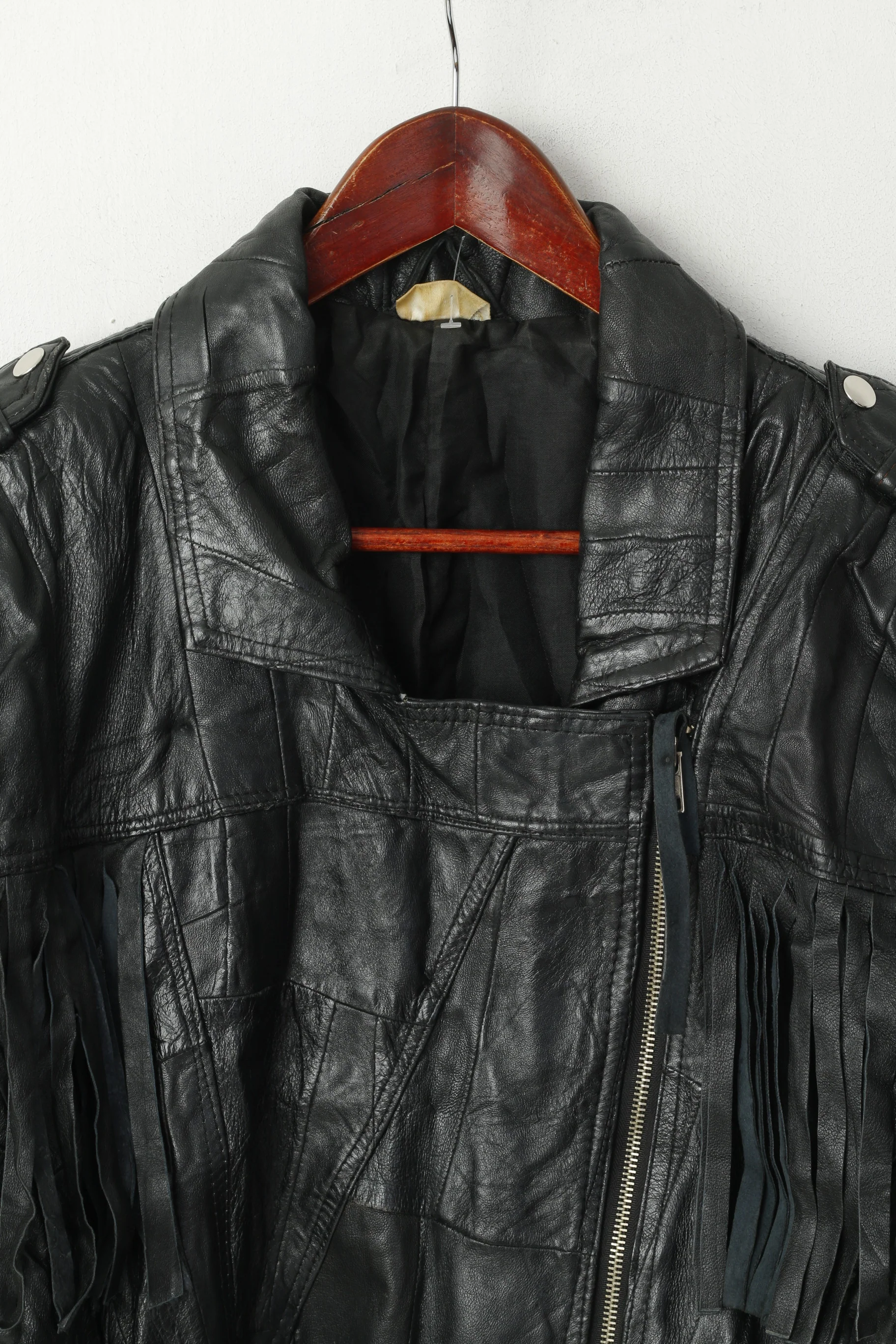 Vintage Women 42 L Jacket Black Leather Fringe Full Zipper Soft Western Ramones Biker Top - Image 2