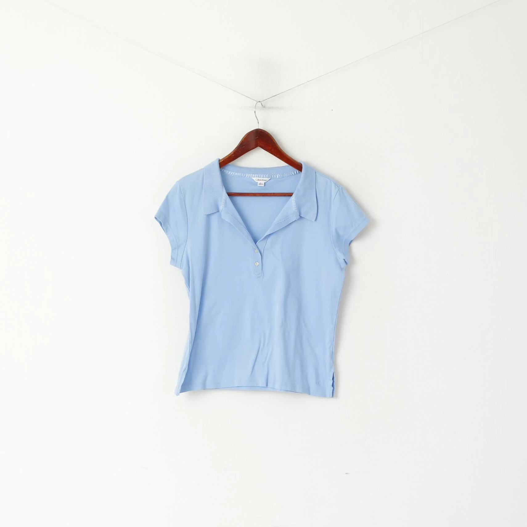 Calvin Klein Women L Polo Shirt Blue Cotton Cropped Short Sleeve Top