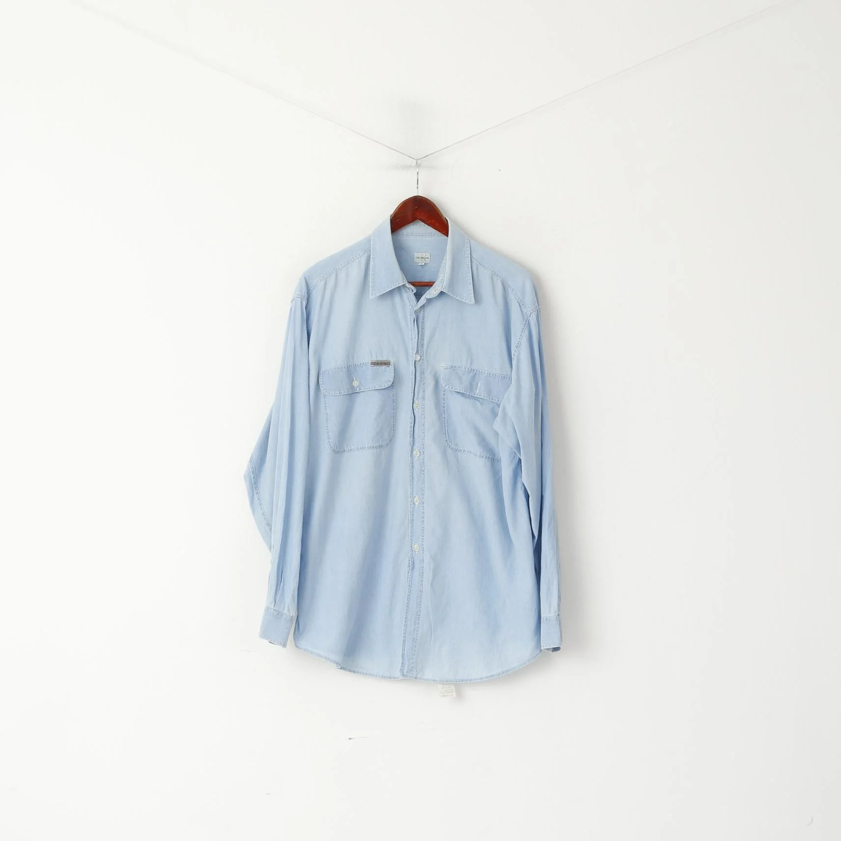 Calvin Klein Jeans Men L Casual Shirt Light Blue Cotton Soft Long Sleeve Top